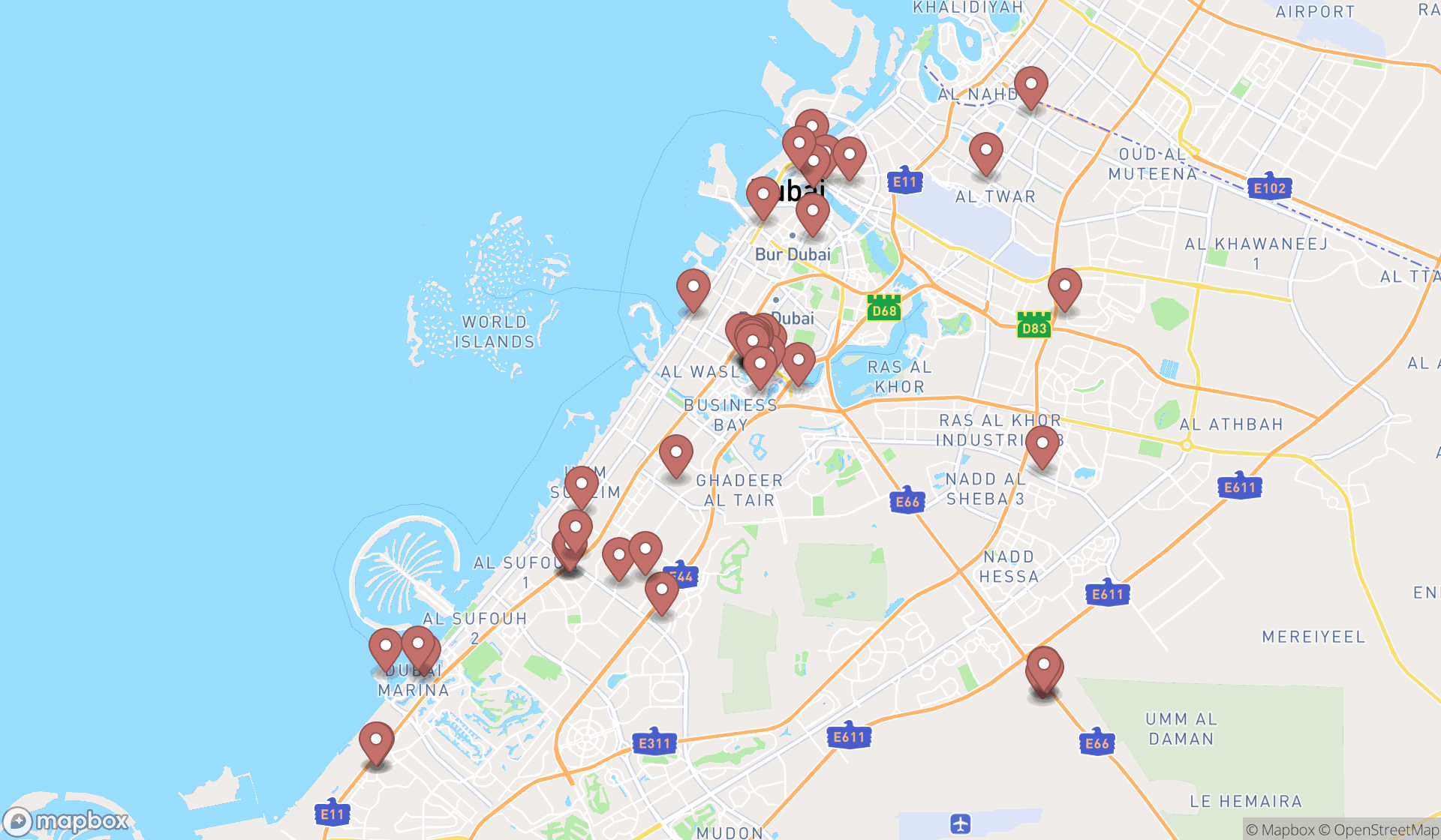 Map showing the search results in Dubai