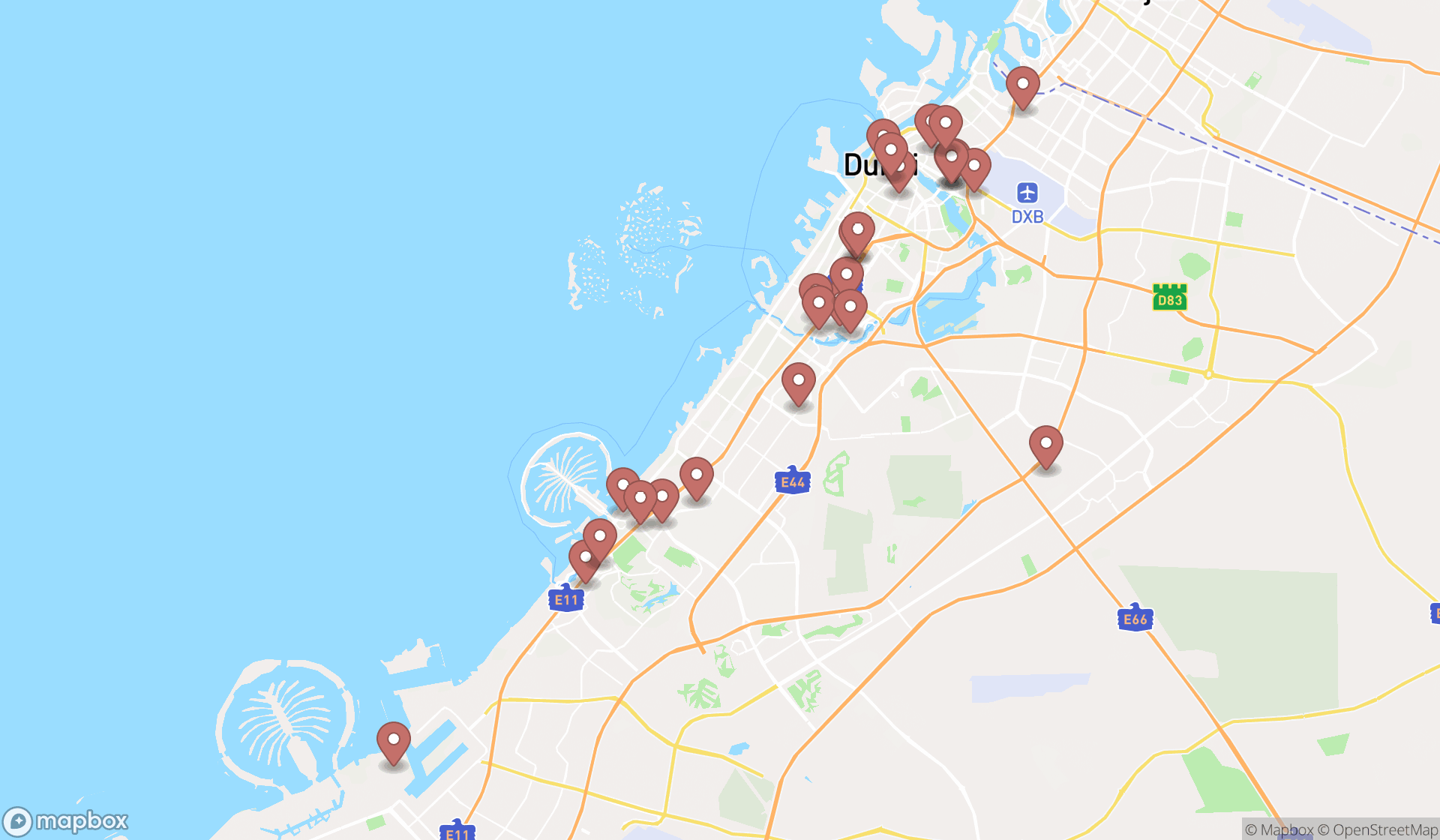 Map showing the search results in Dubai