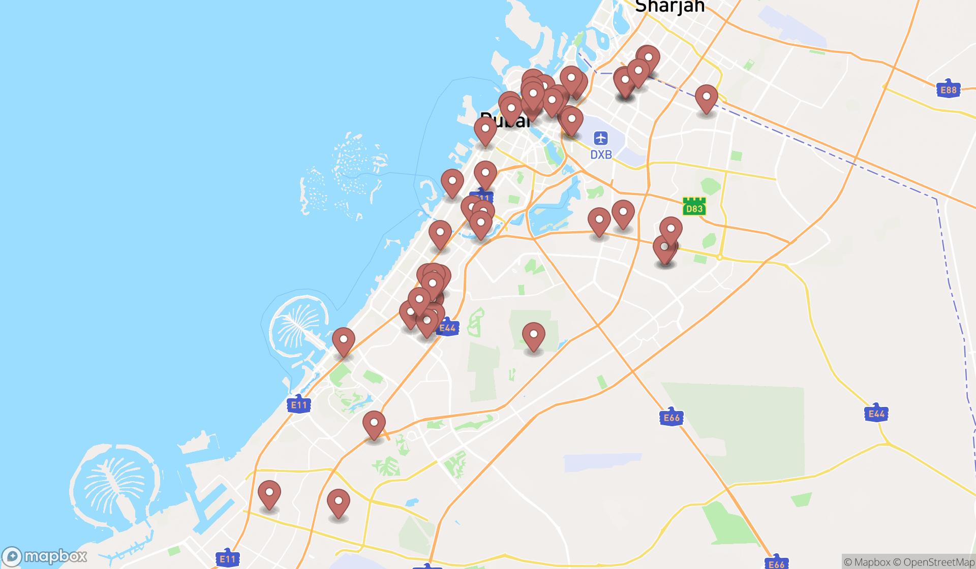 Map showing the search results in Dubai
