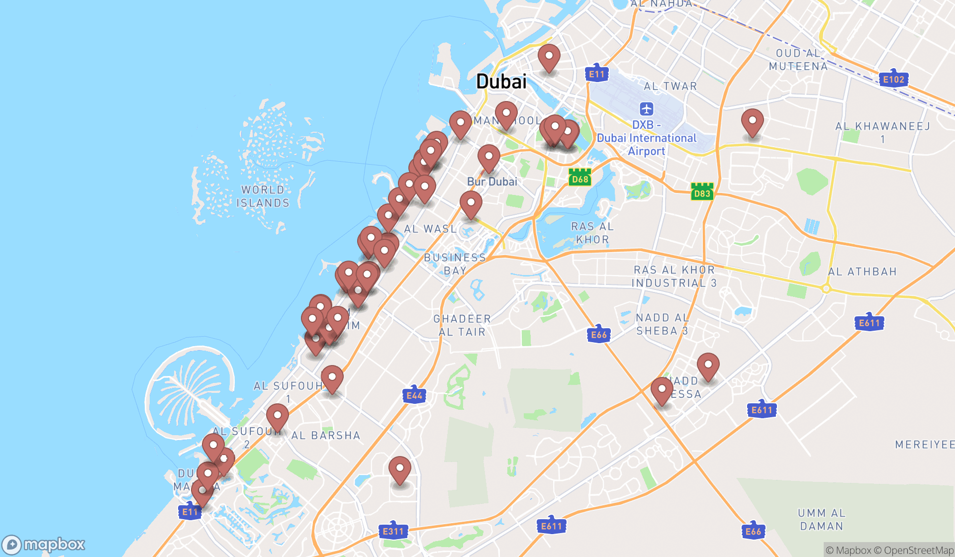 Map showing the search results in Dubai