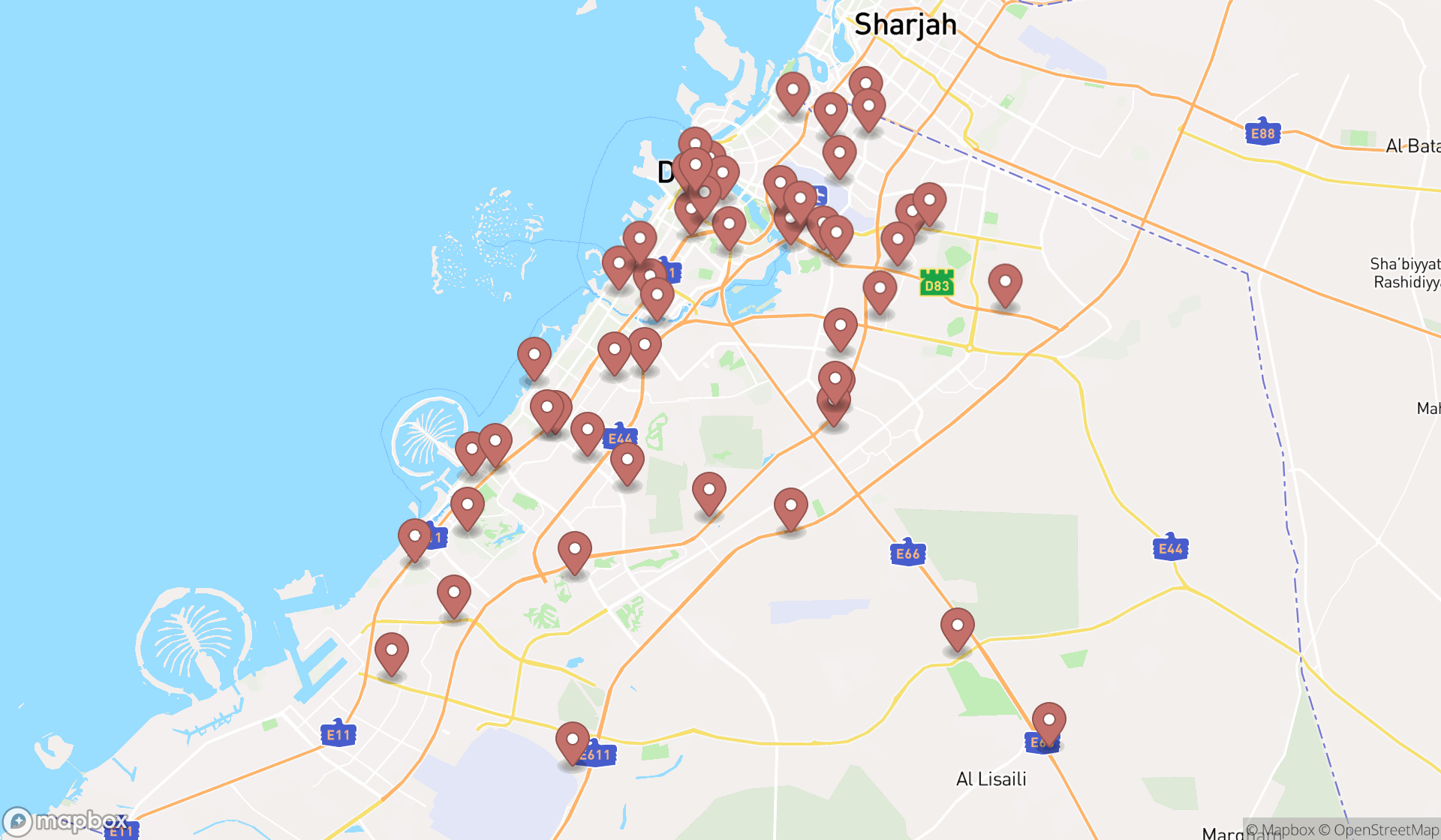 Map showing the search results in Dubai