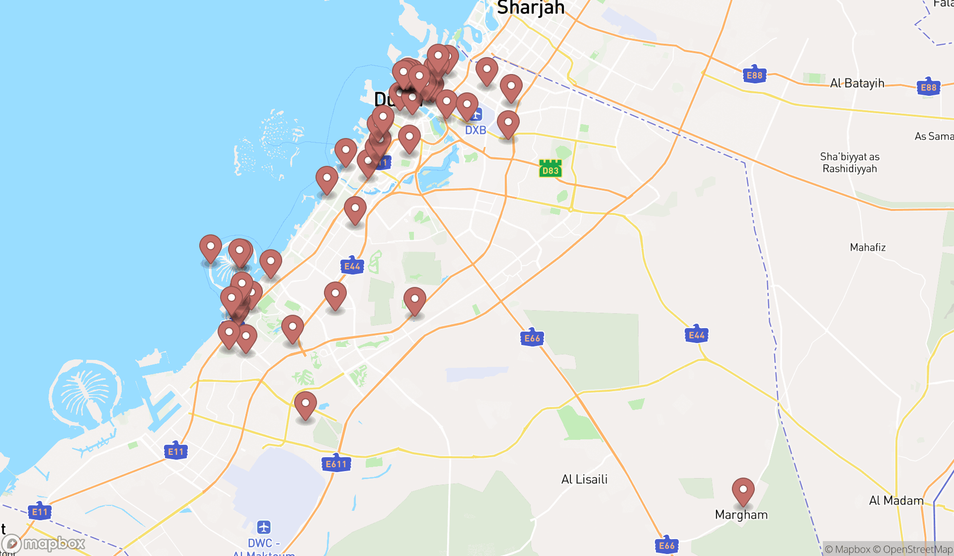 Map showing the search results in Dubai