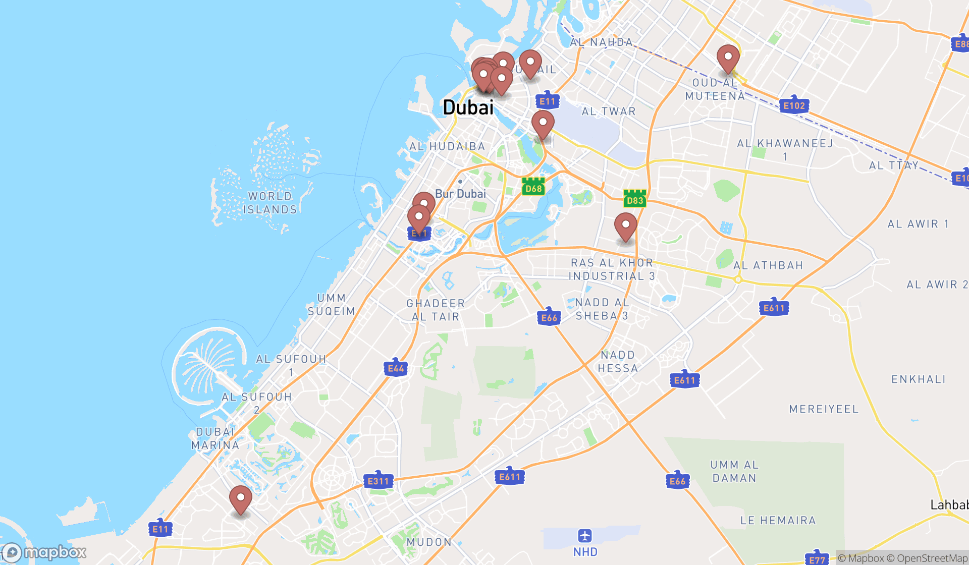 Map showing the search results in Dubai