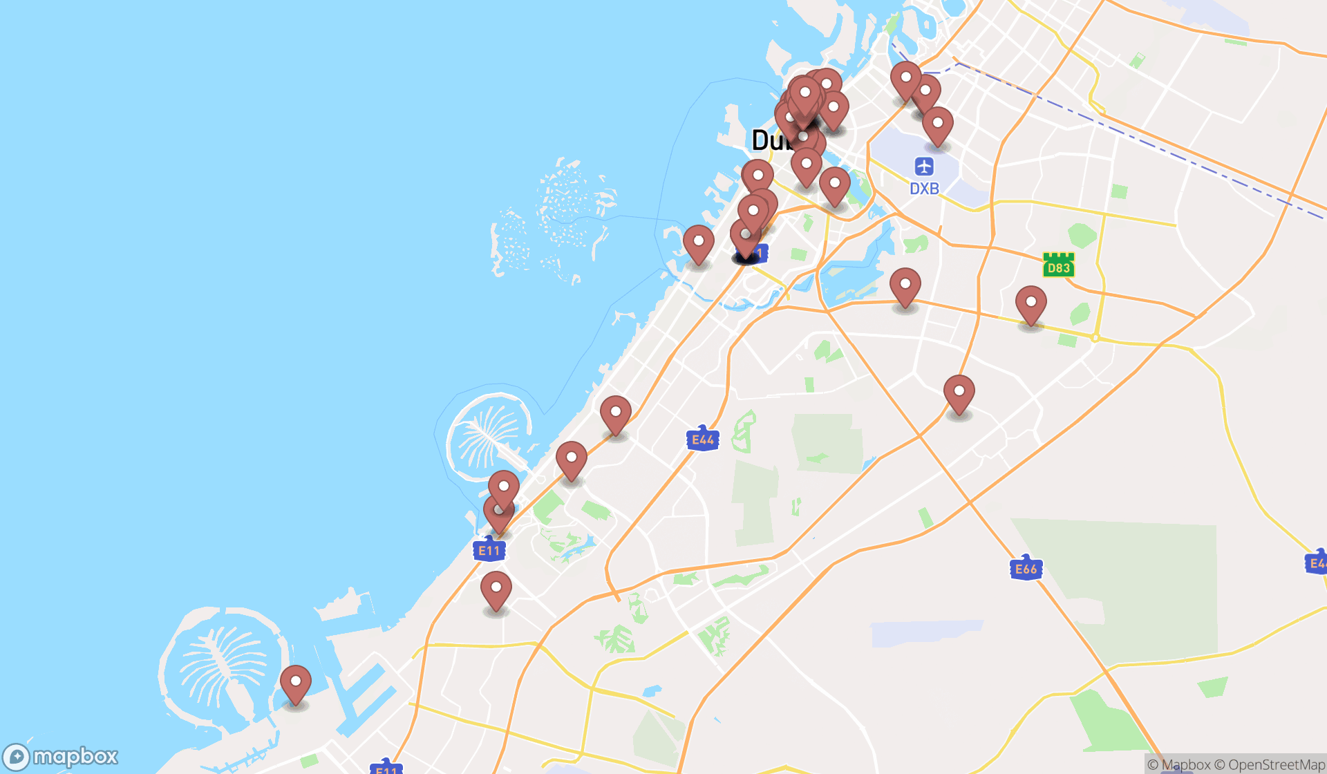 Map showing the search results in Dubai