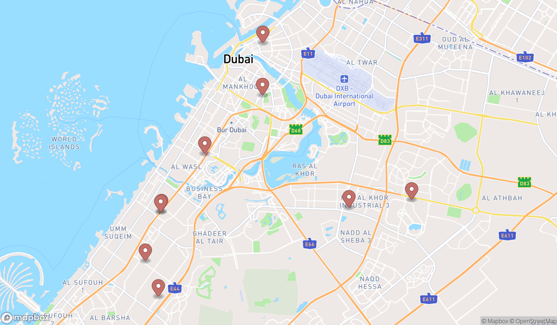 Map showing the search results in Dubai