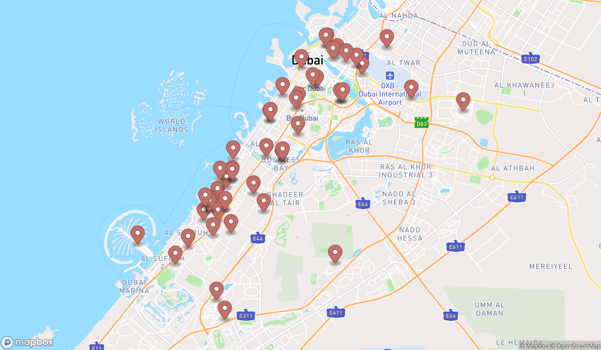 Map showing the search results in Dubai