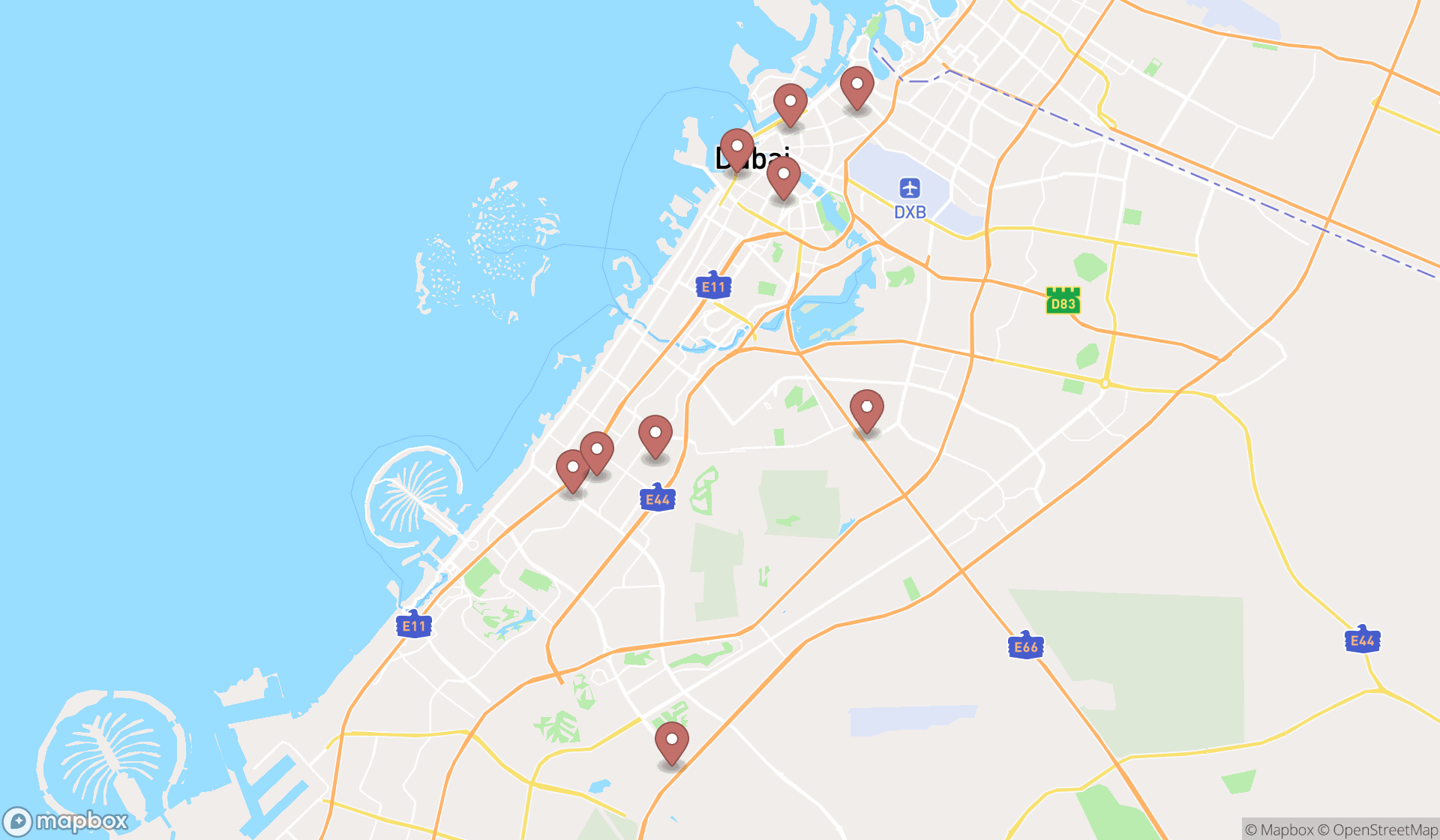 Map showing the search results in Dubai