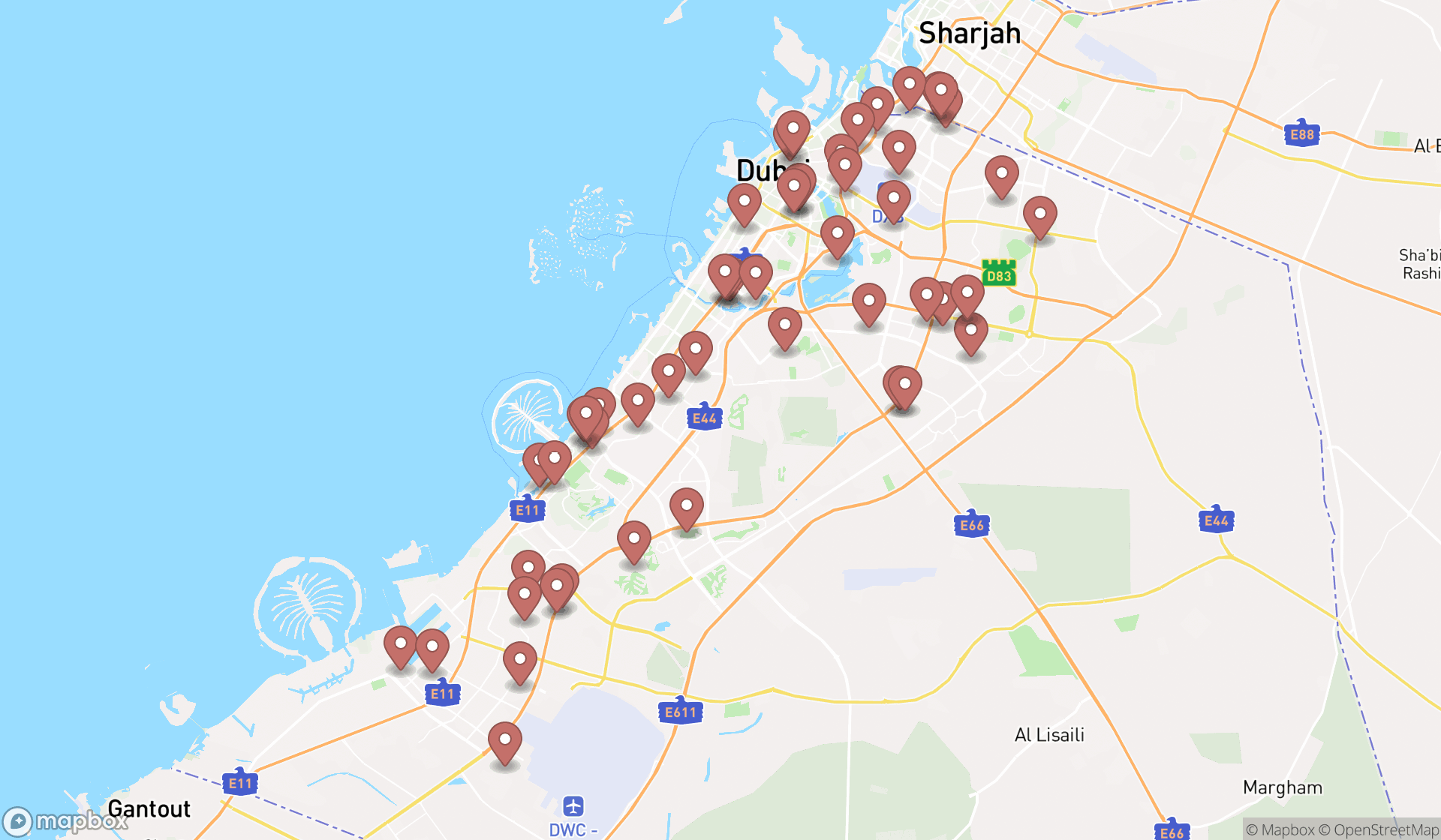 Map showing the search results in Dubai