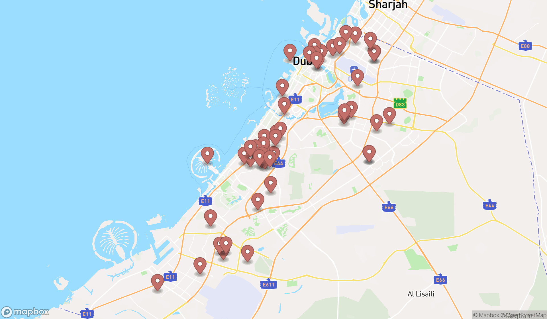 Map showing the search results in Dubai