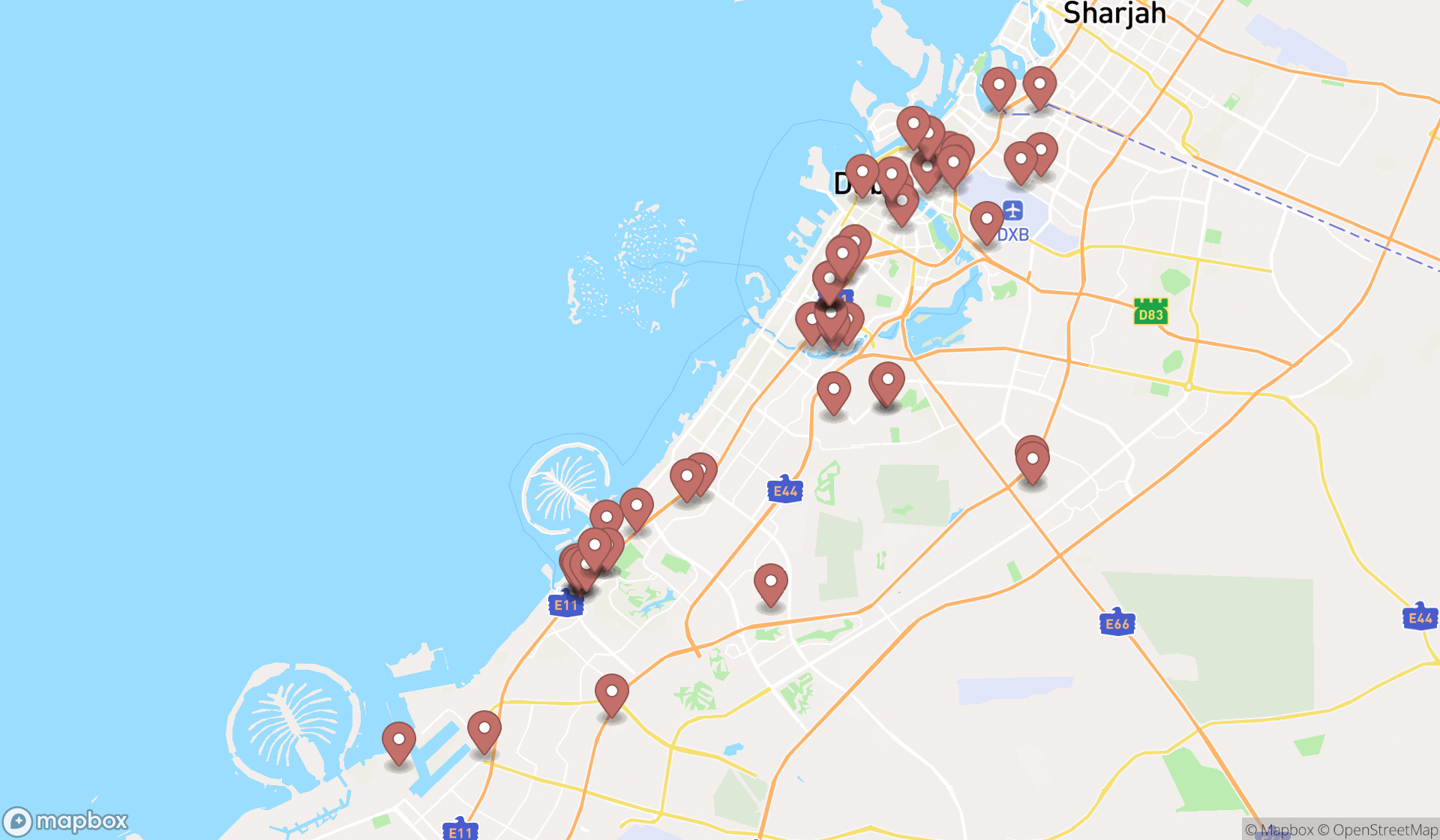 Map showing the search results in Dubai
