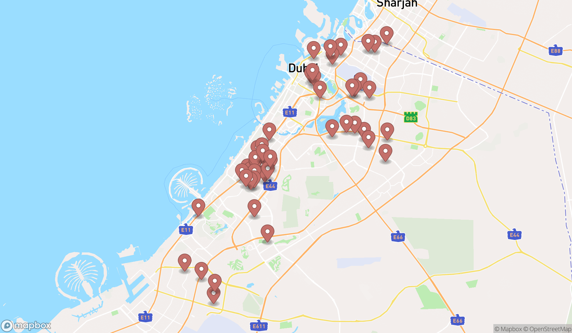 Map showing the search results in Dubai