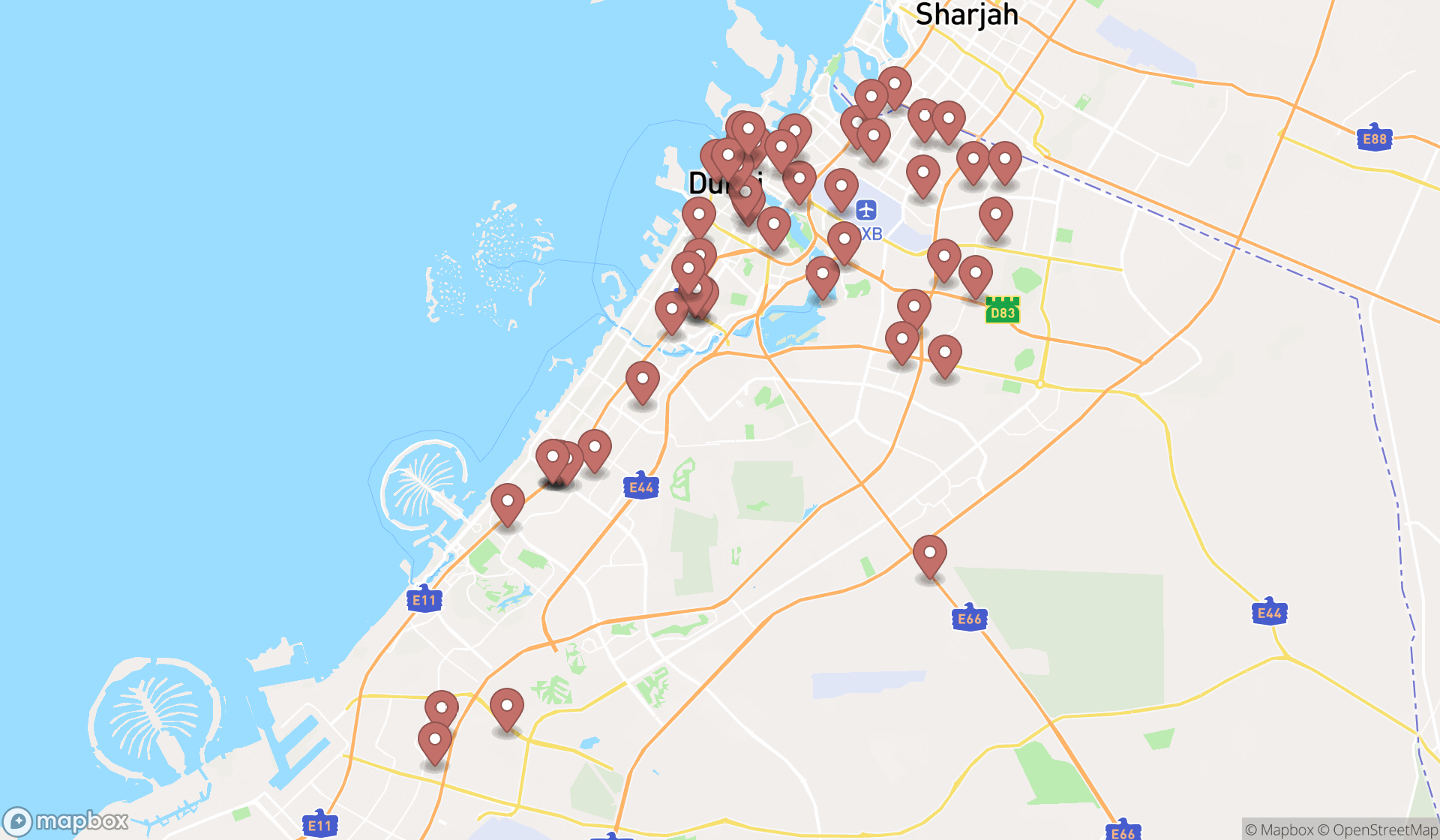 Map showing the search results in Dubai