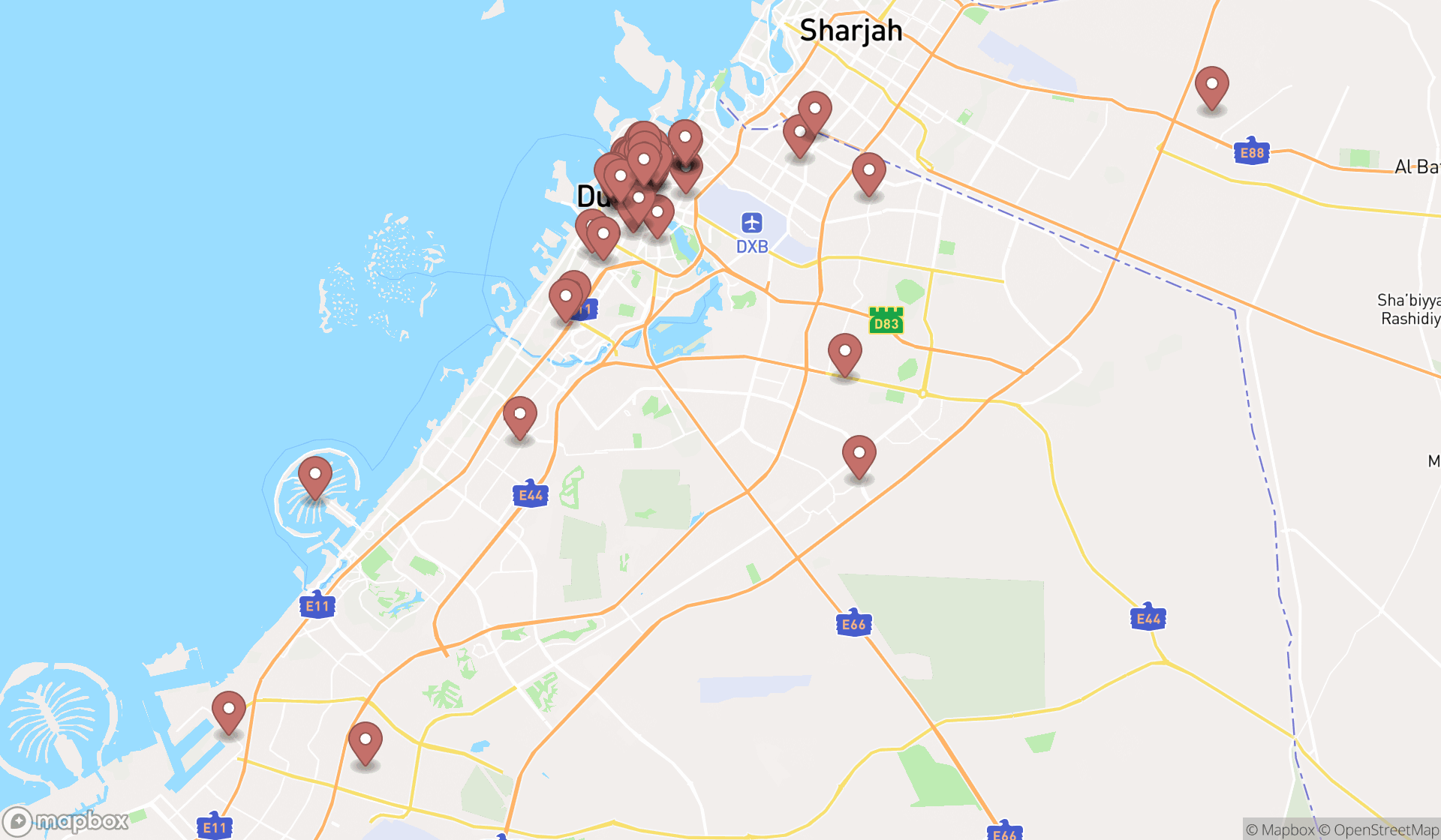 Map showing the search results in Dubai
