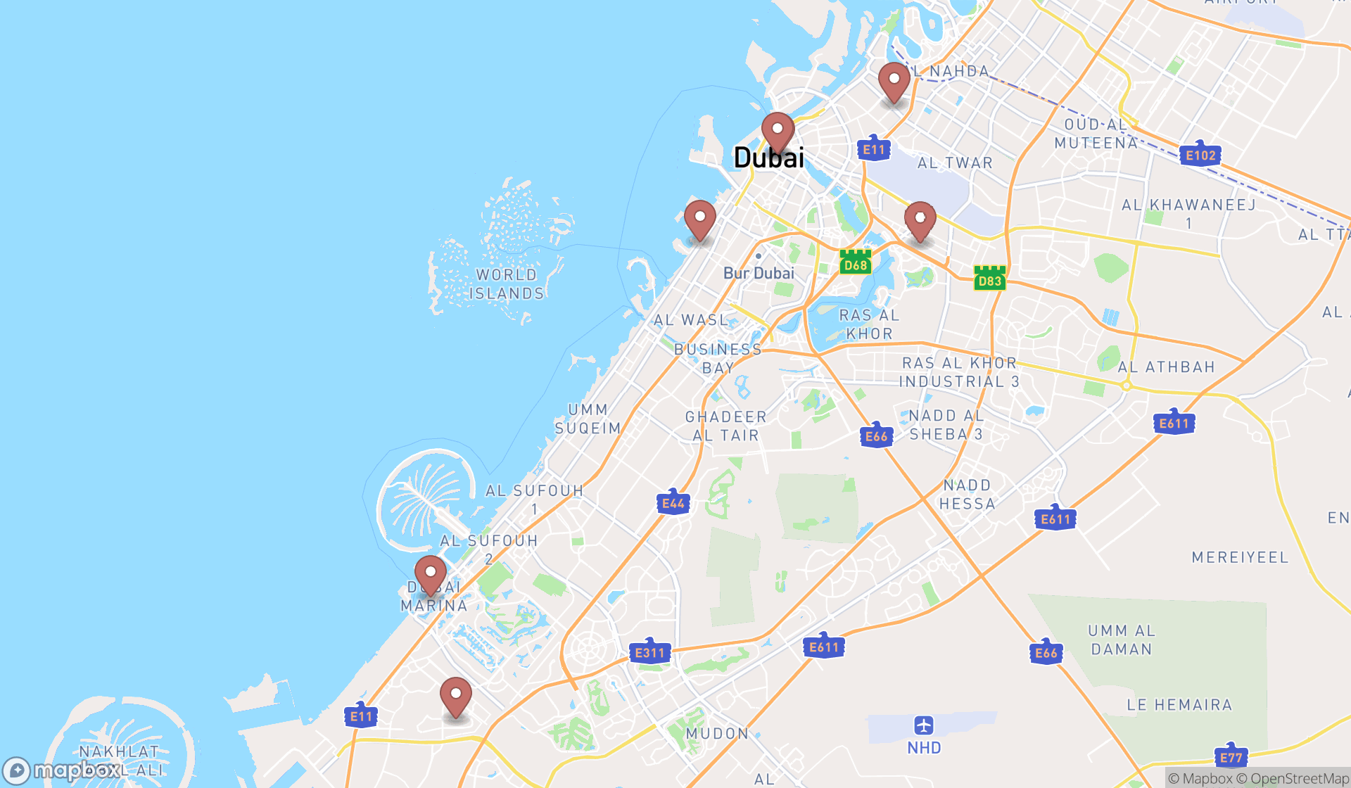 Map showing the search results in Dubai