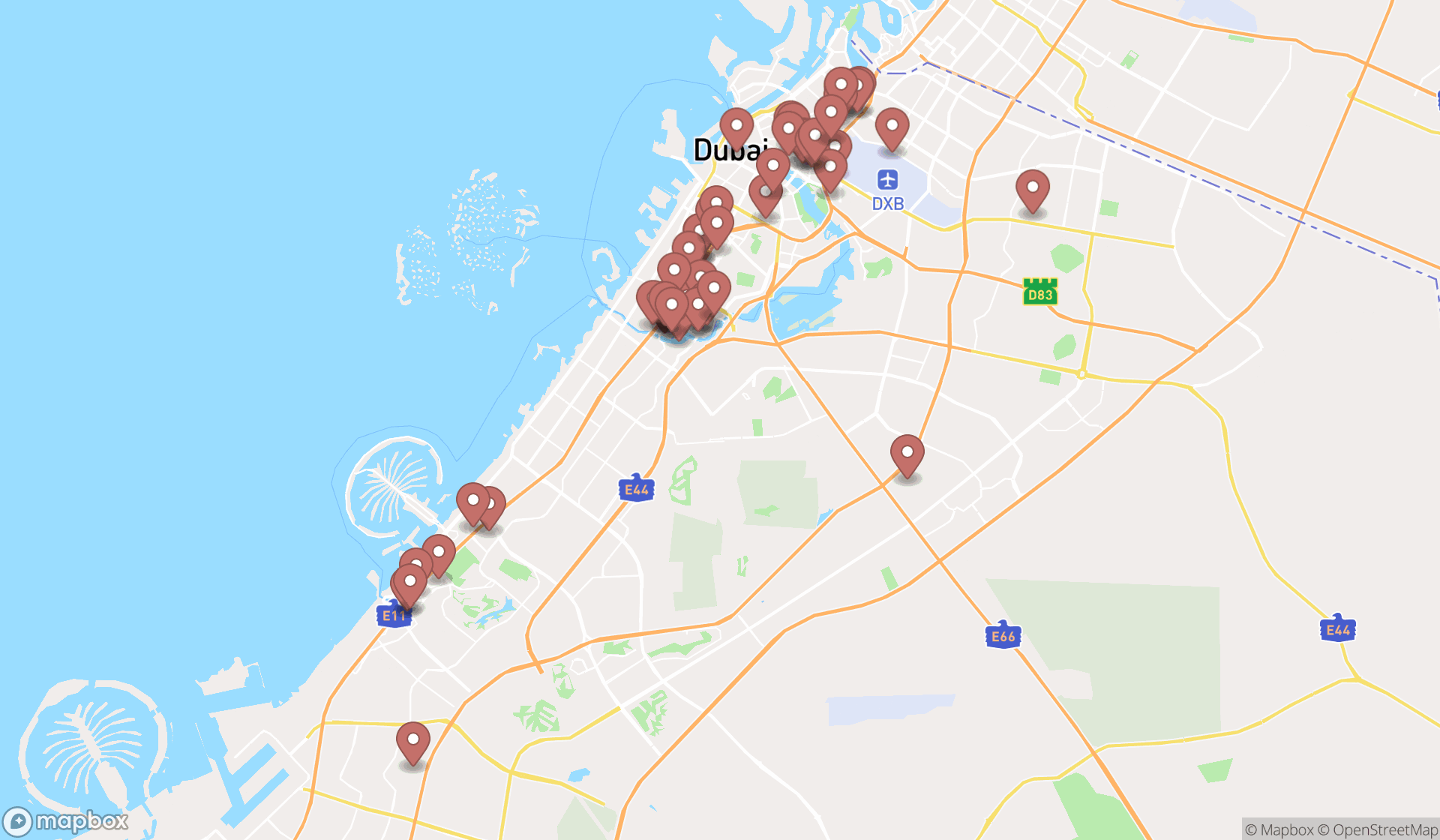 Map showing the search results in Dubai