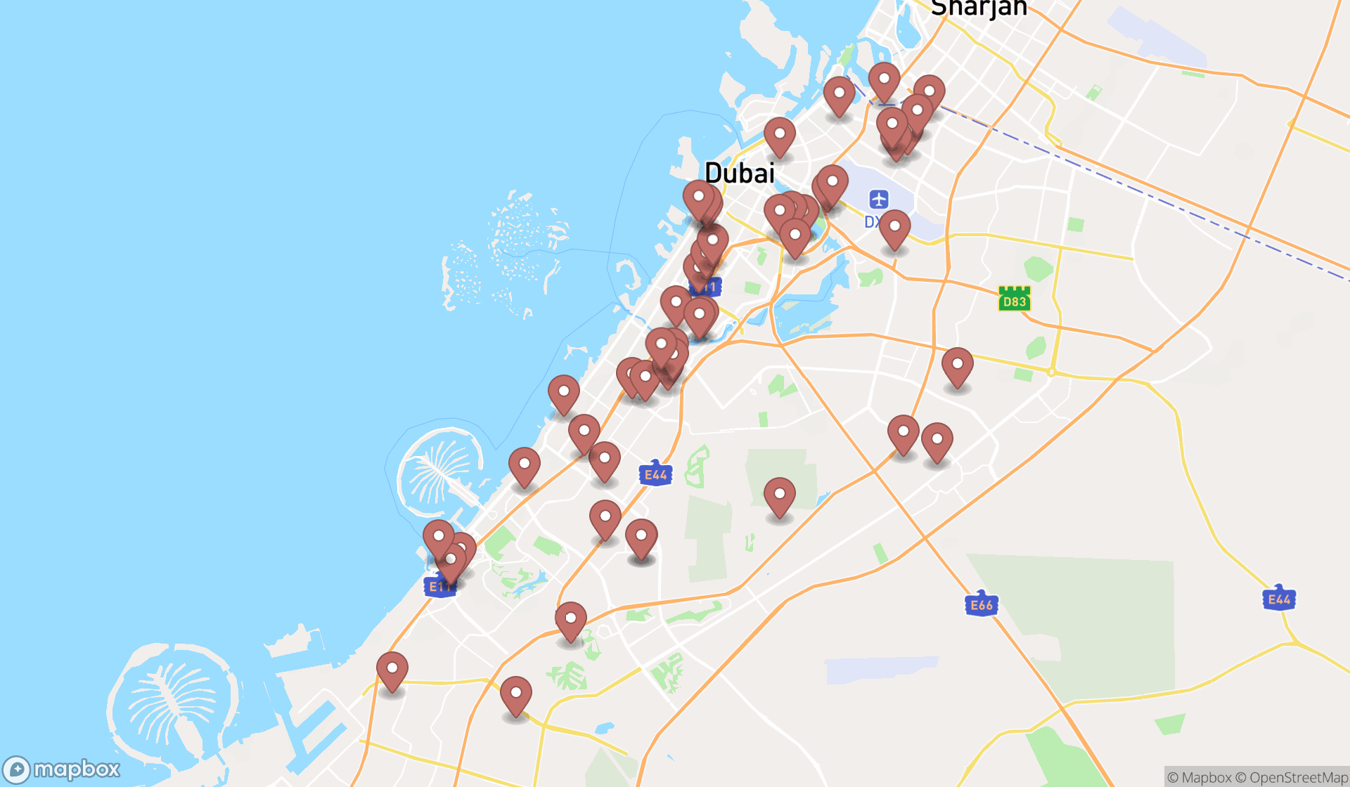 Map showing the search results in Dubai