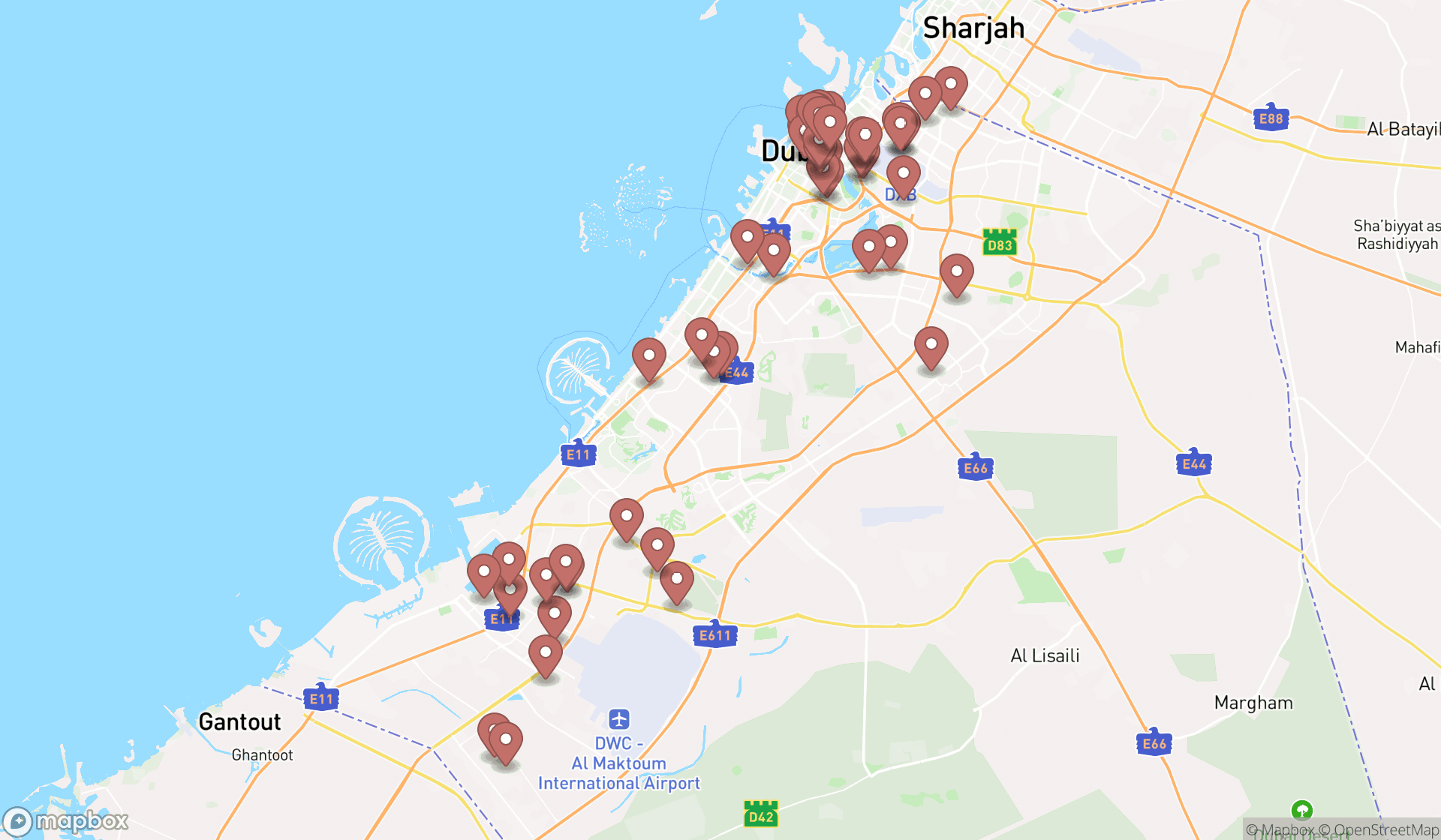 Map showing the search results in Dubai