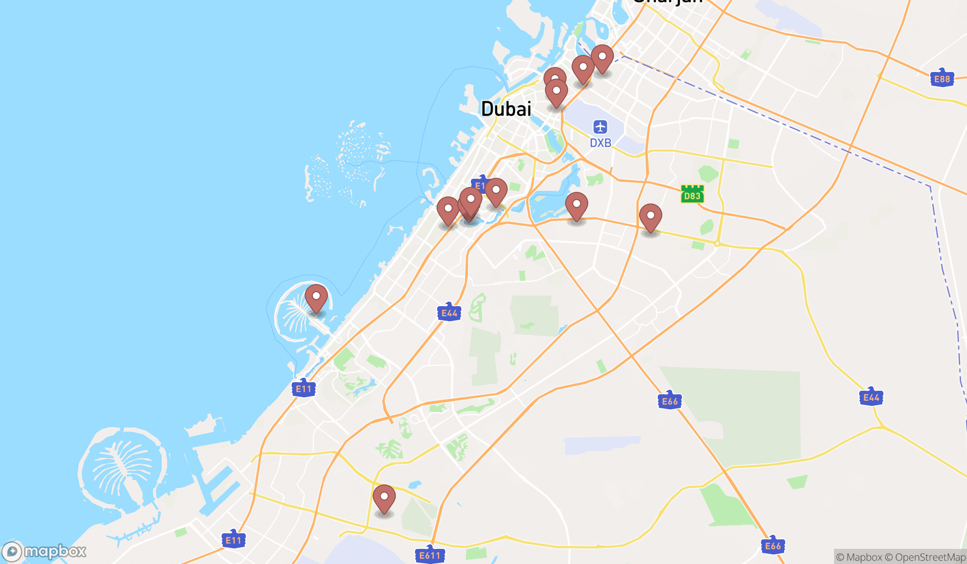 Map showing the search results in Dubai