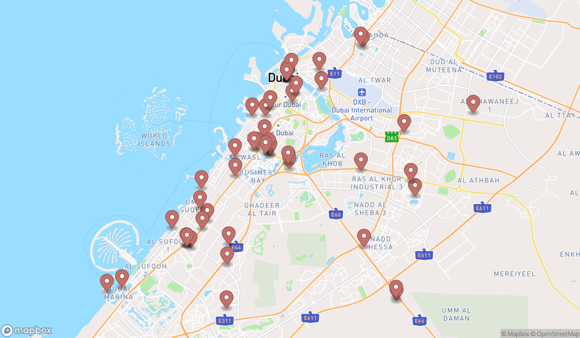 Map showing the search results in Dubai