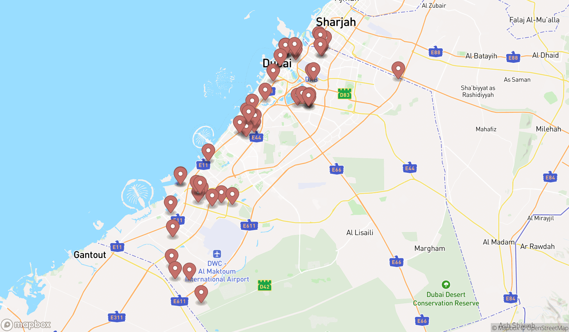 Map showing the search results in Dubai
