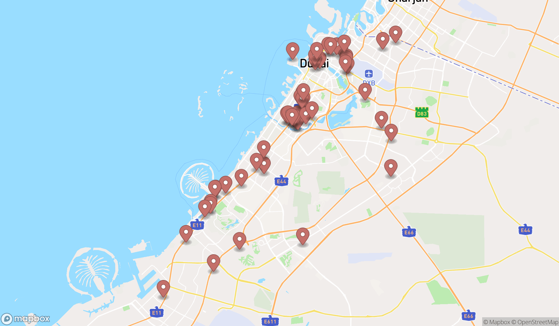 Map showing the search results in Dubai
