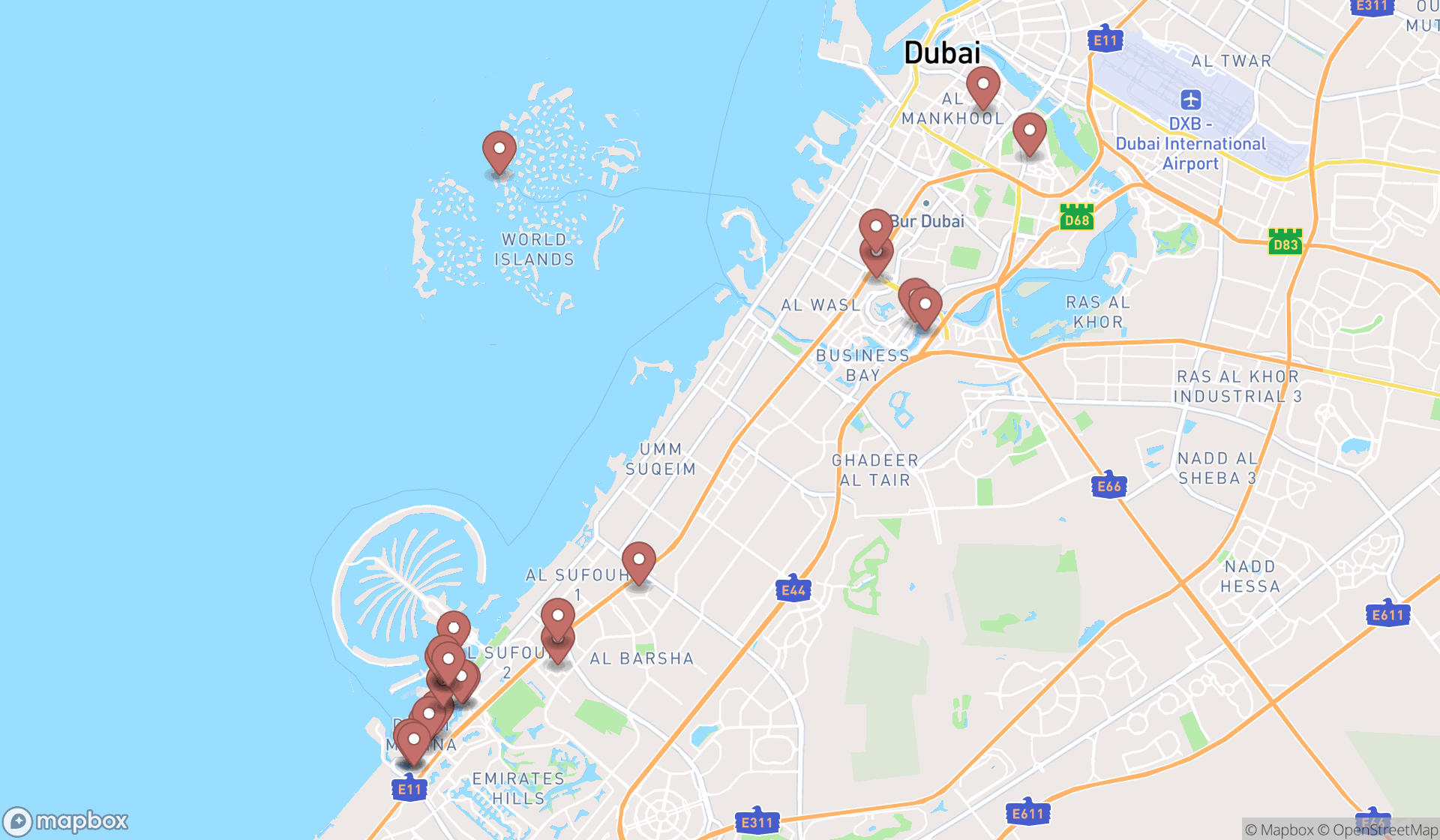 Map showing the search results in Dubai