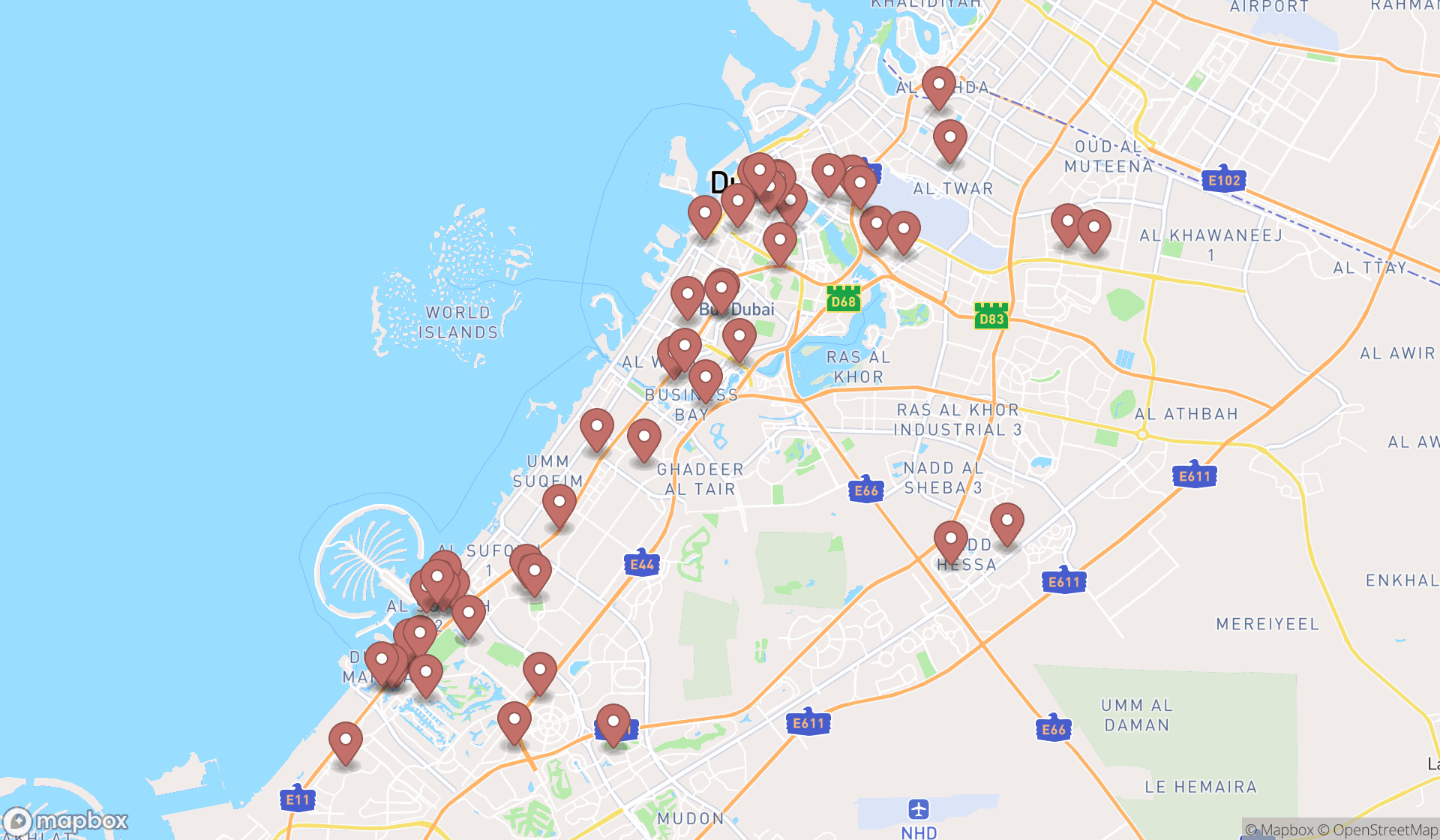 Map showing the search results in Dubai