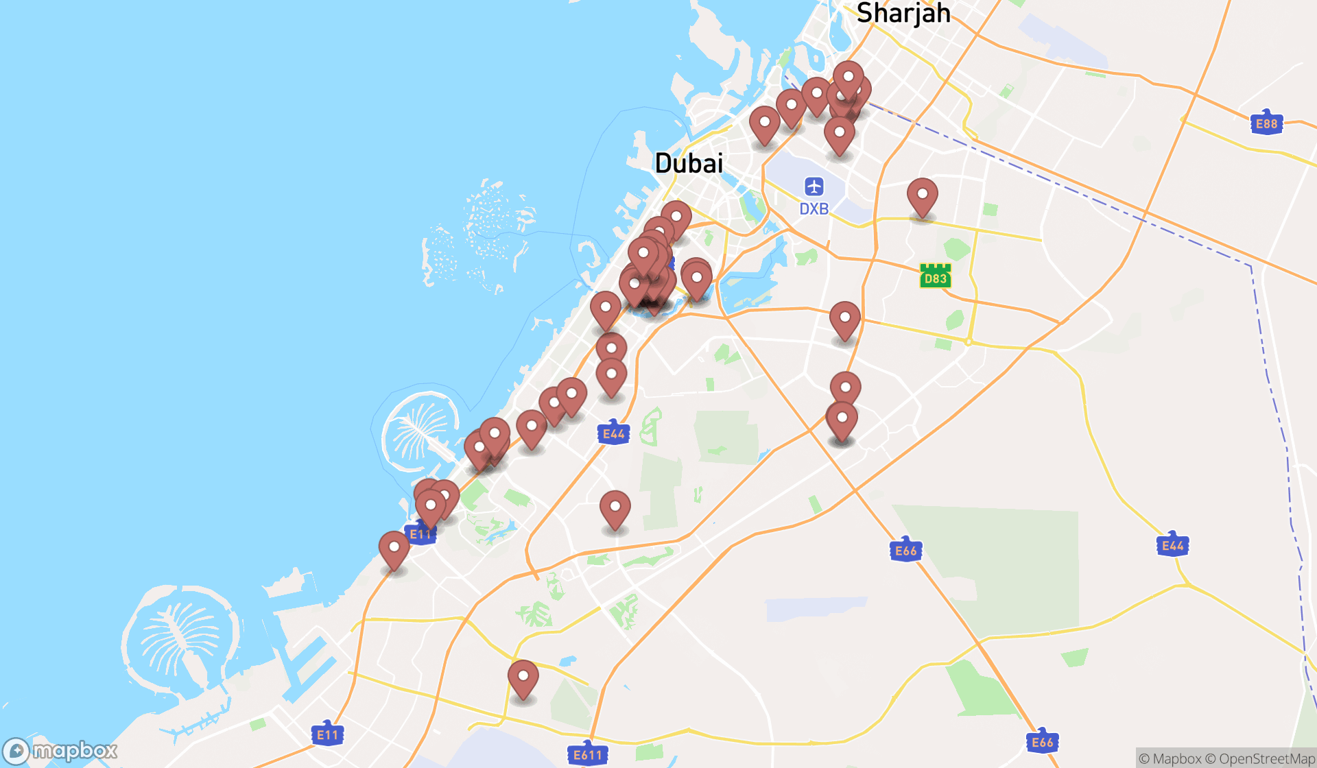 Map showing the search results in Dubai