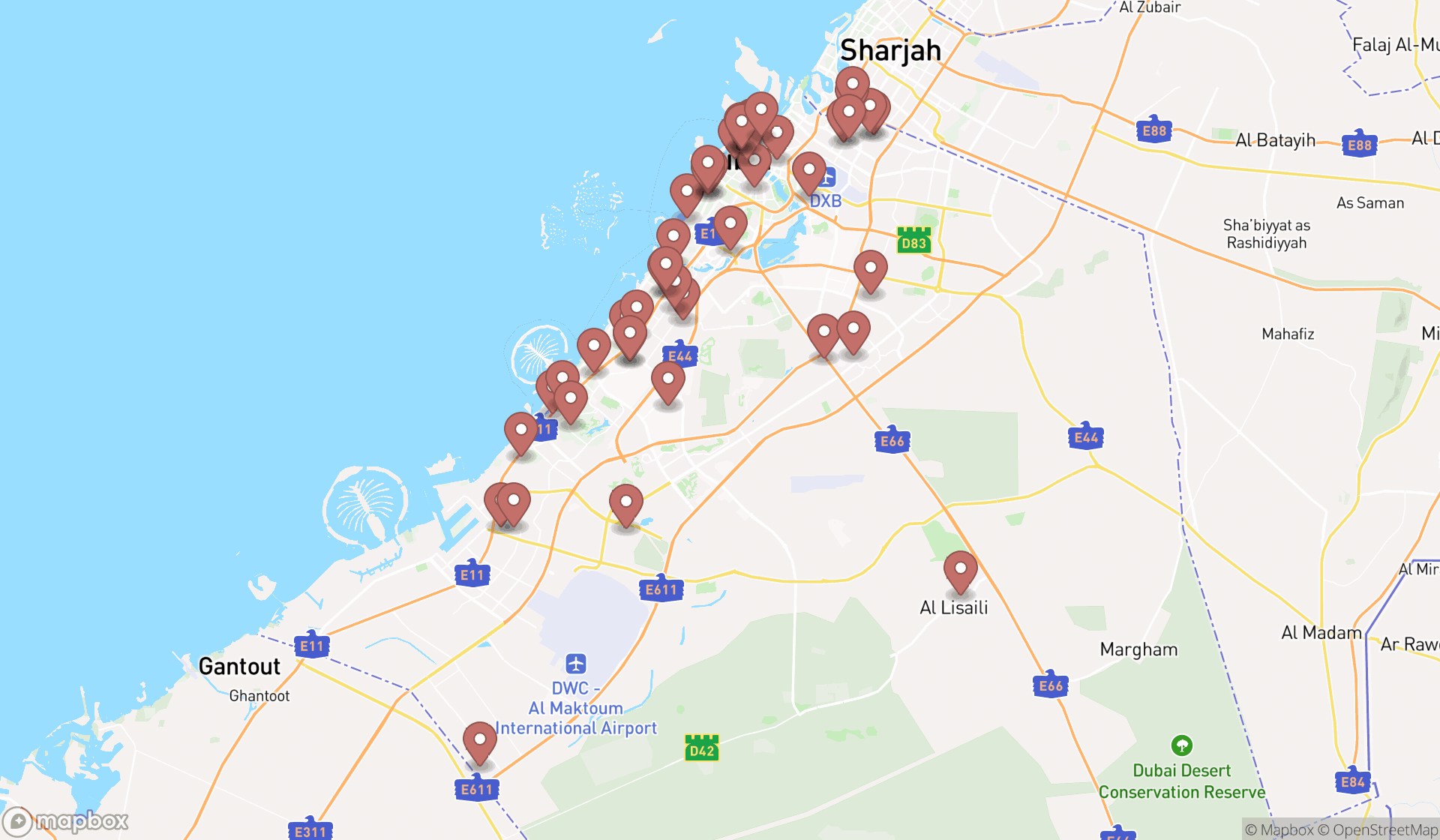 Map showing the search results in Dubai