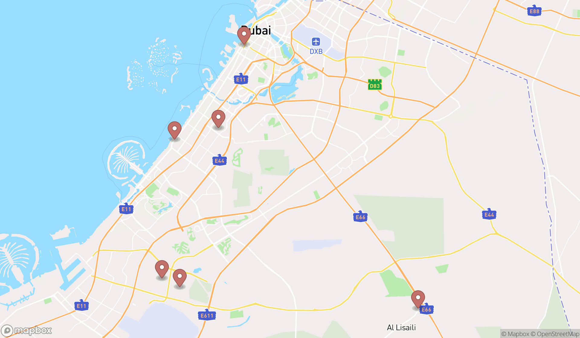 Map showing the search results in Dubai