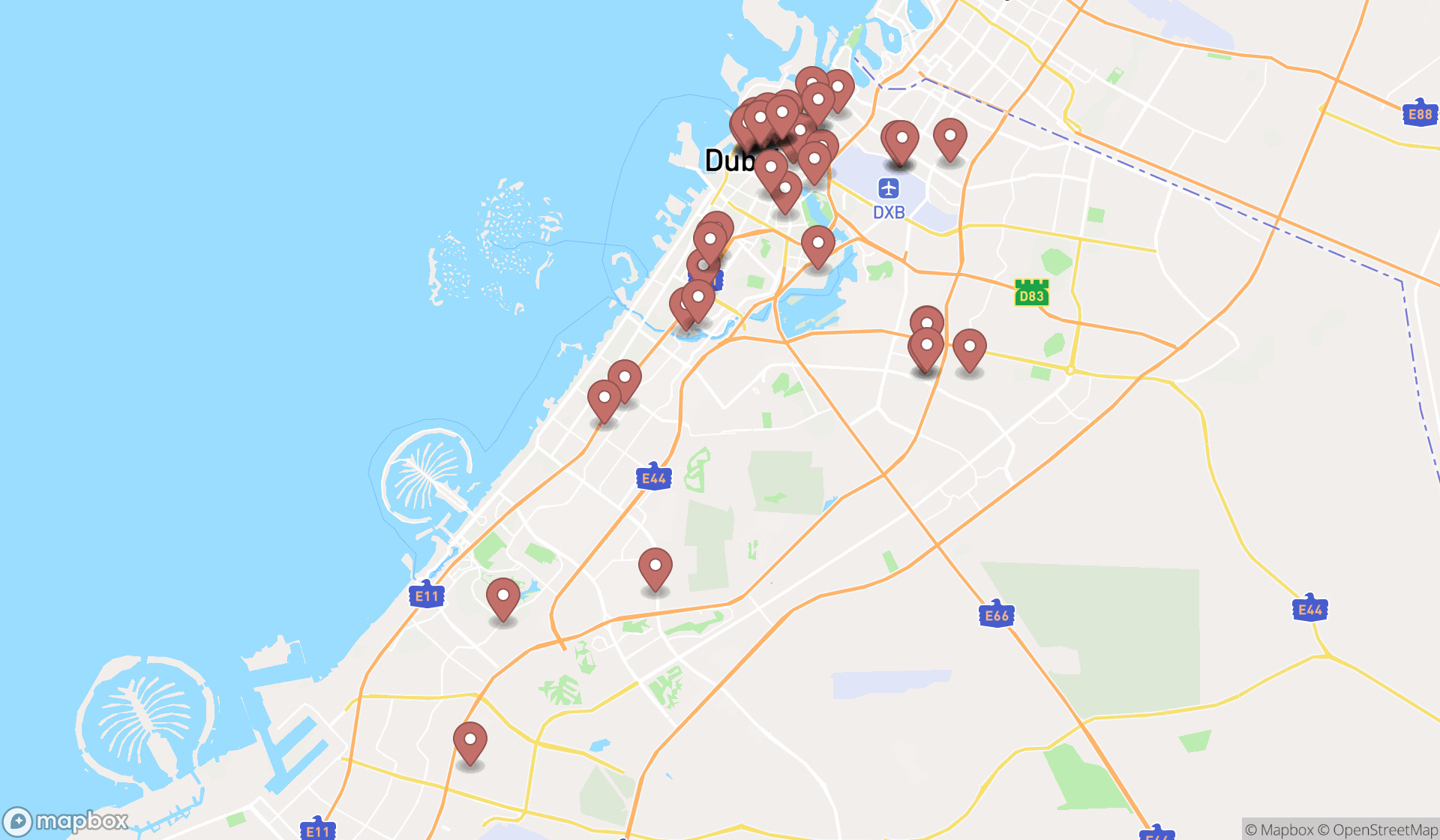 Map showing the search results in Dubai