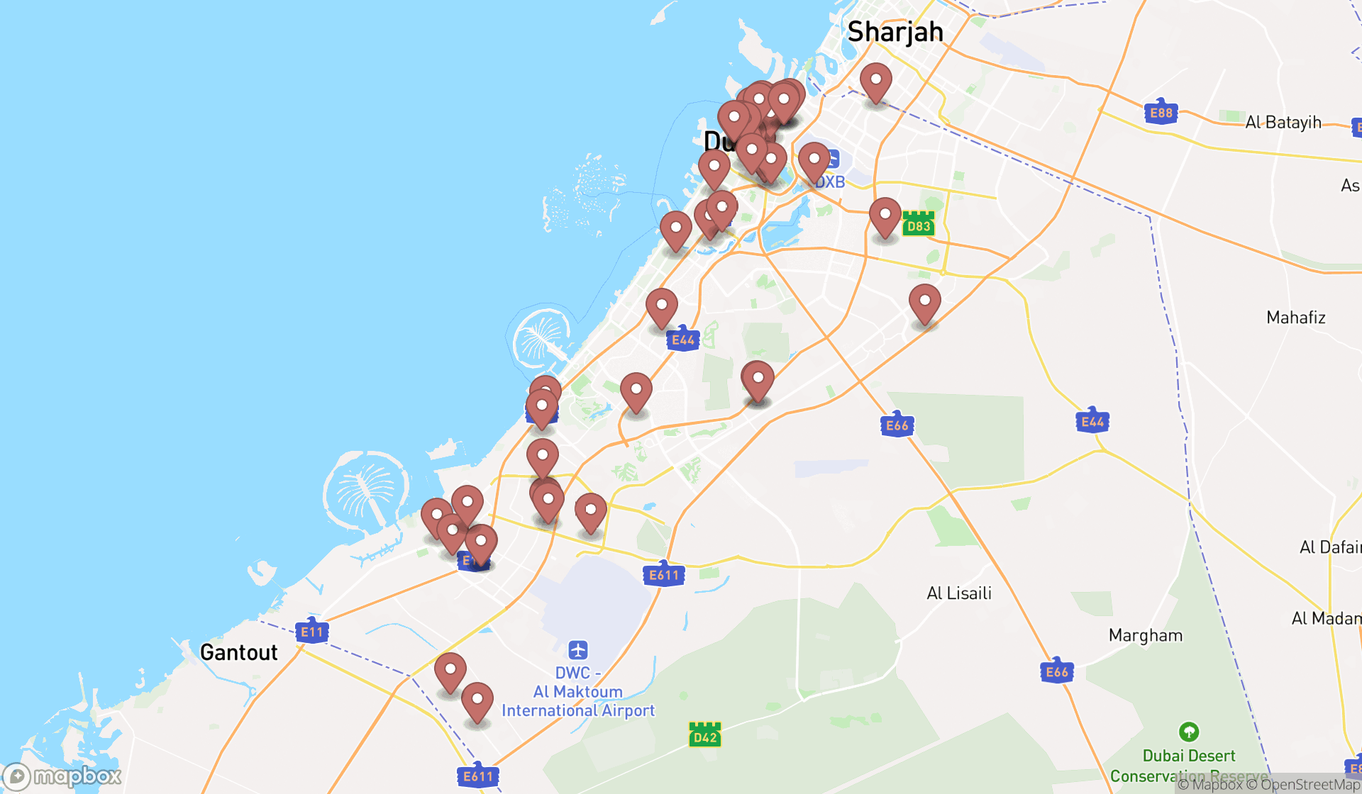 Map showing the search results in Dubai