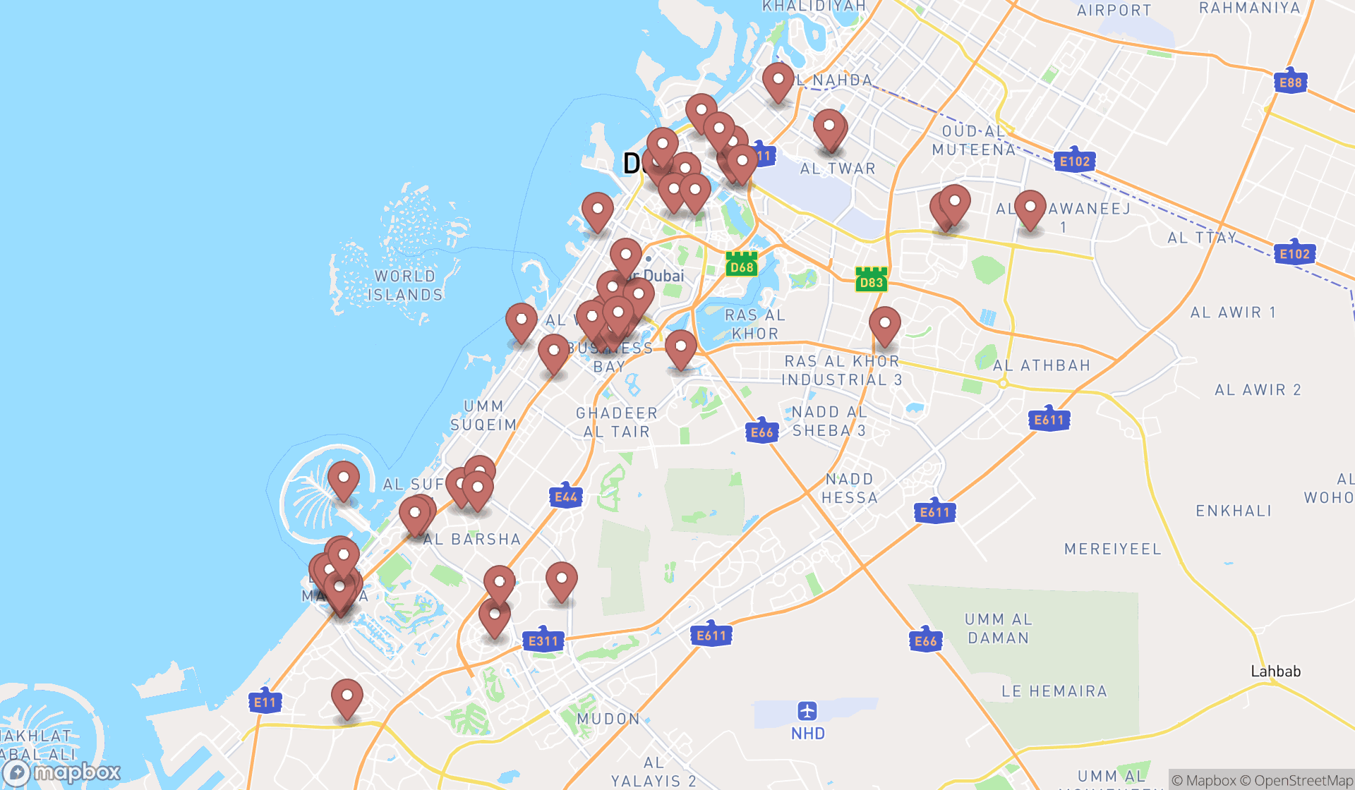 Map showing the search results in Dubai
