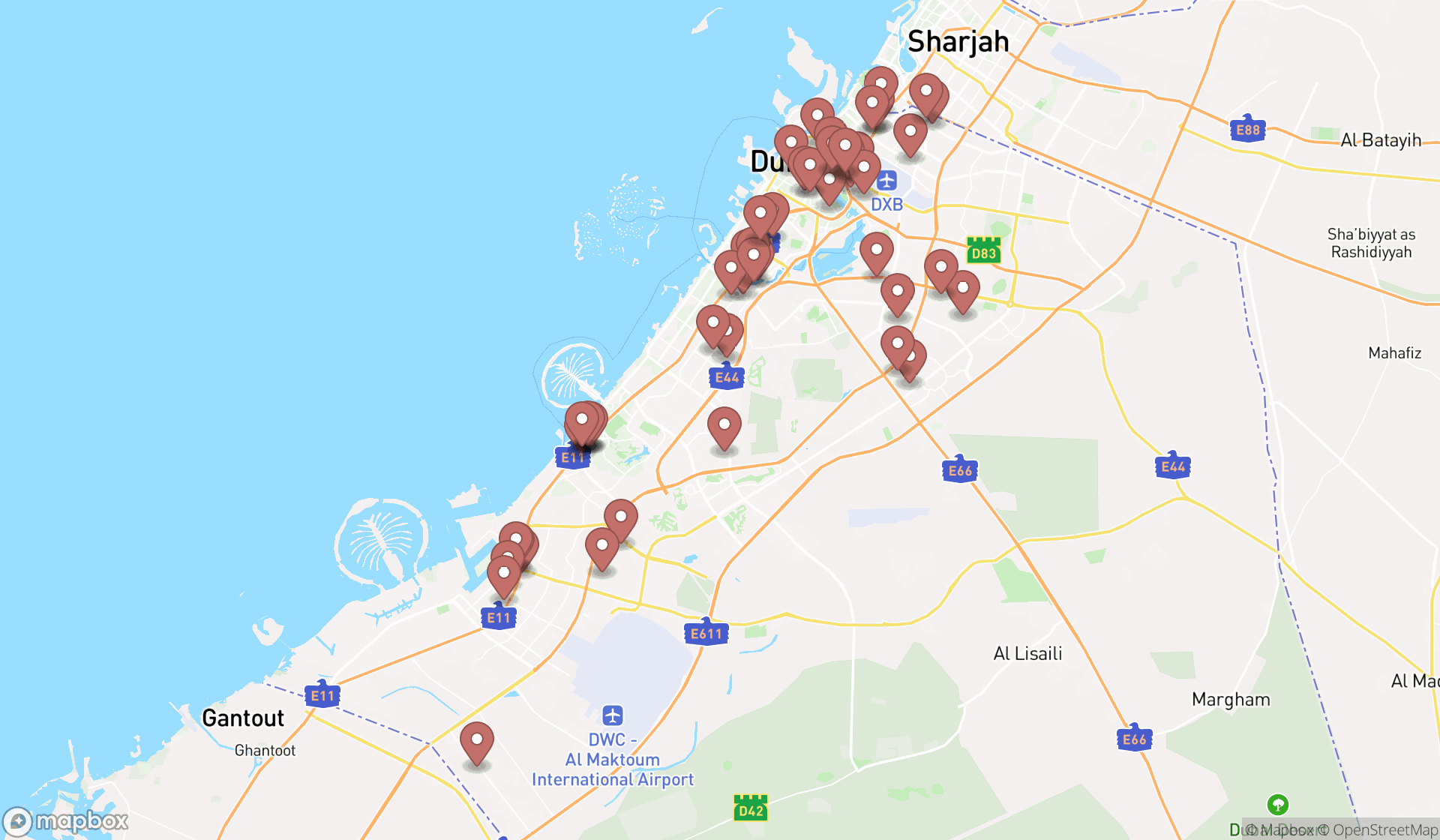 Map showing the search results in Dubai