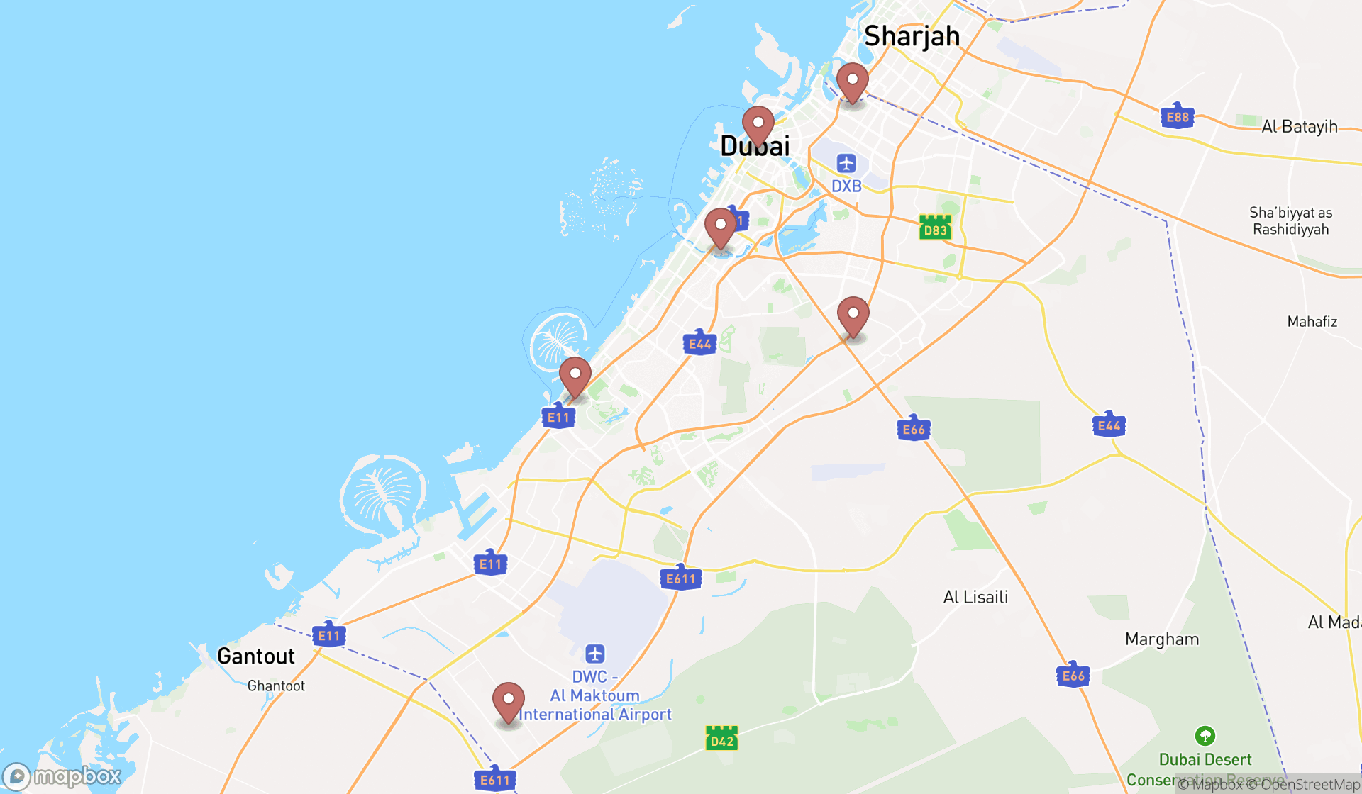 Map showing the search results in Dubai