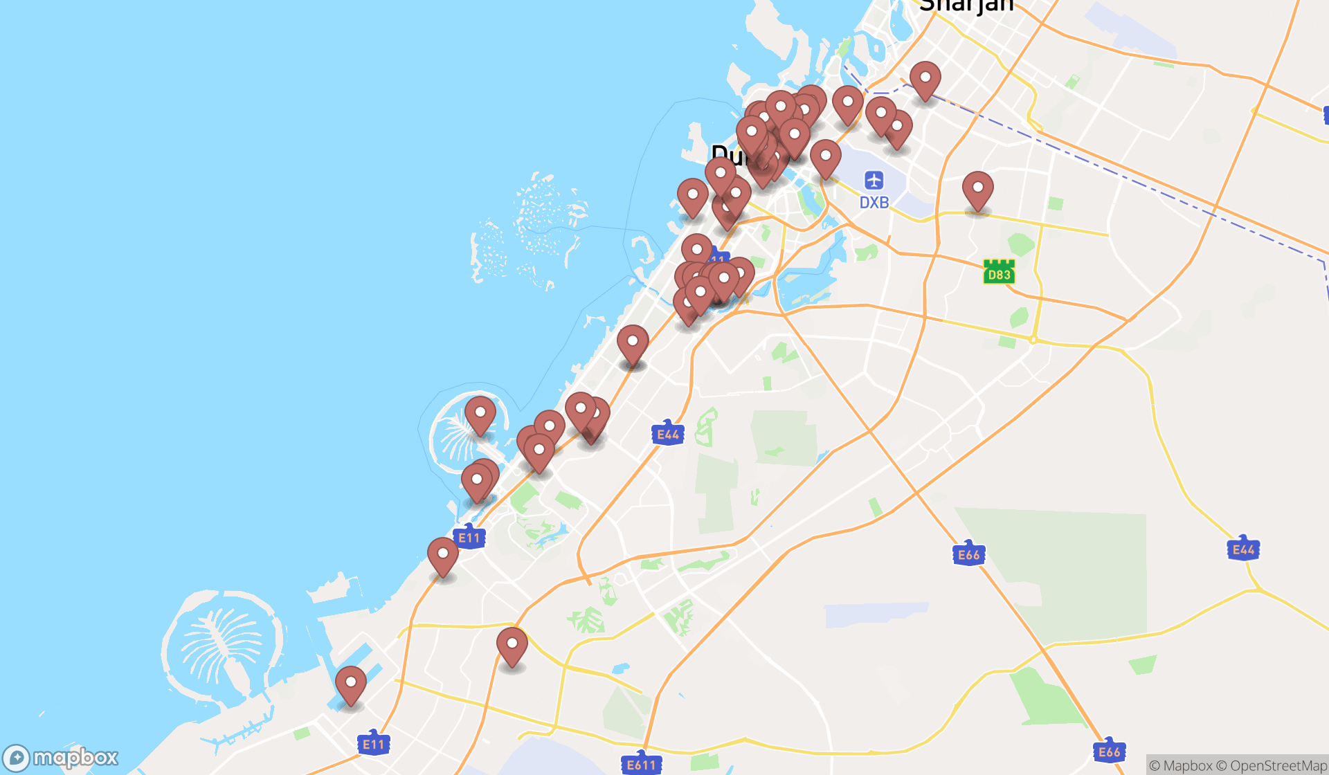 Map showing the search results in Dubai