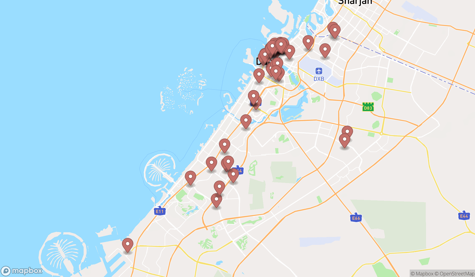 Map showing the search results in Dubai