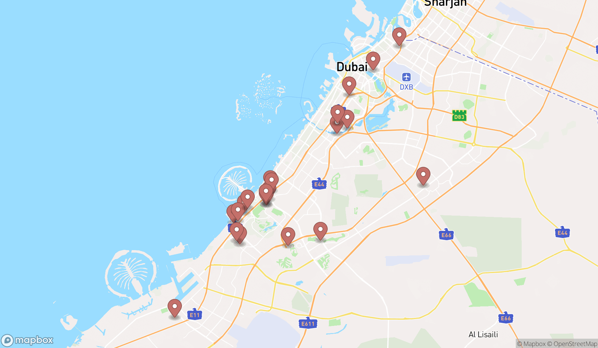 Map showing the search results in Dubai