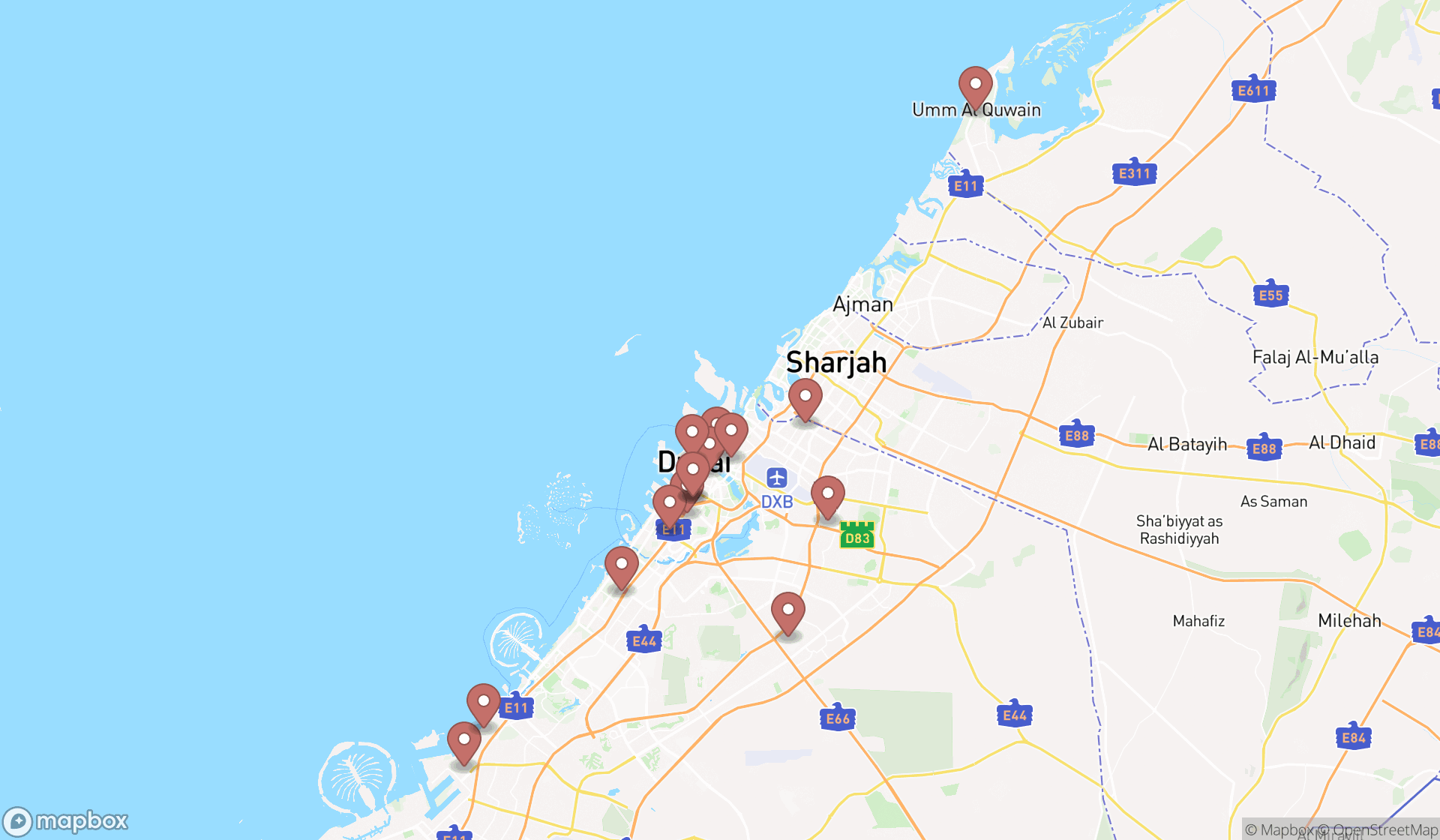 Map showing the search results in Dubai
