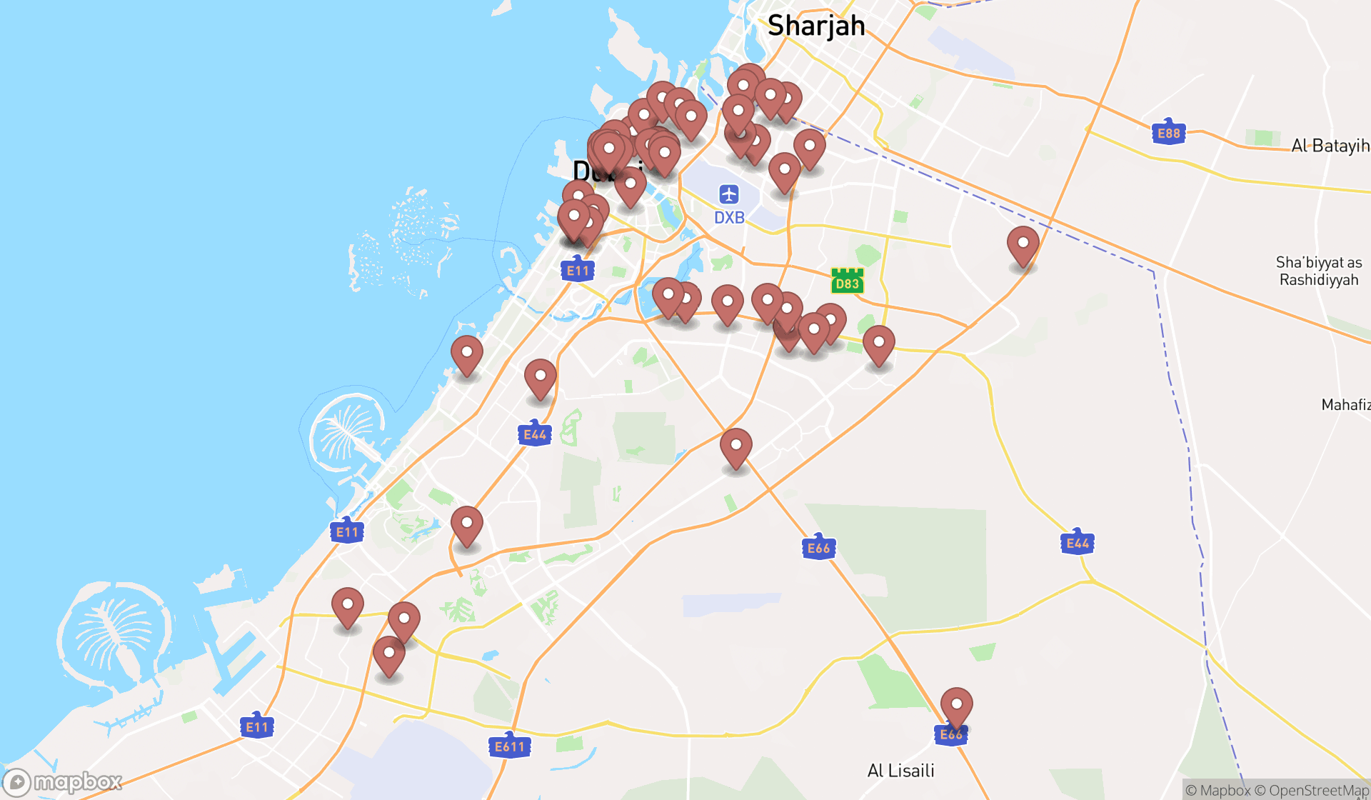 Map showing the search results in Dubai
