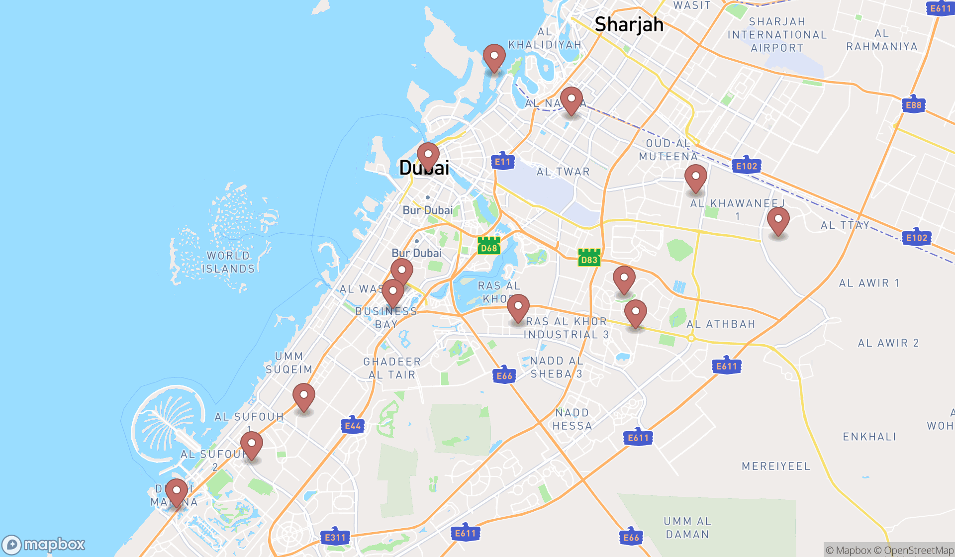 Map showing the search results in Dubai