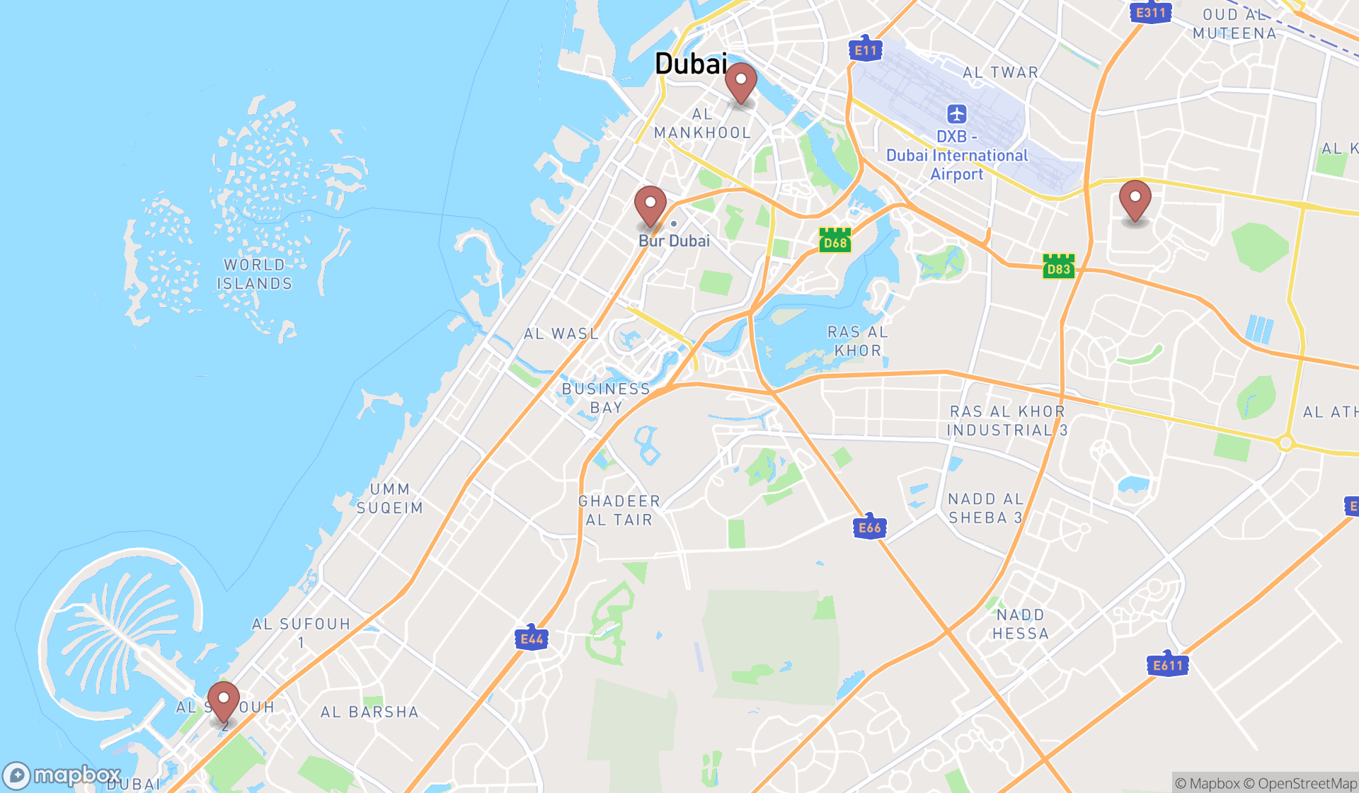 Map showing the search results in Dubai
