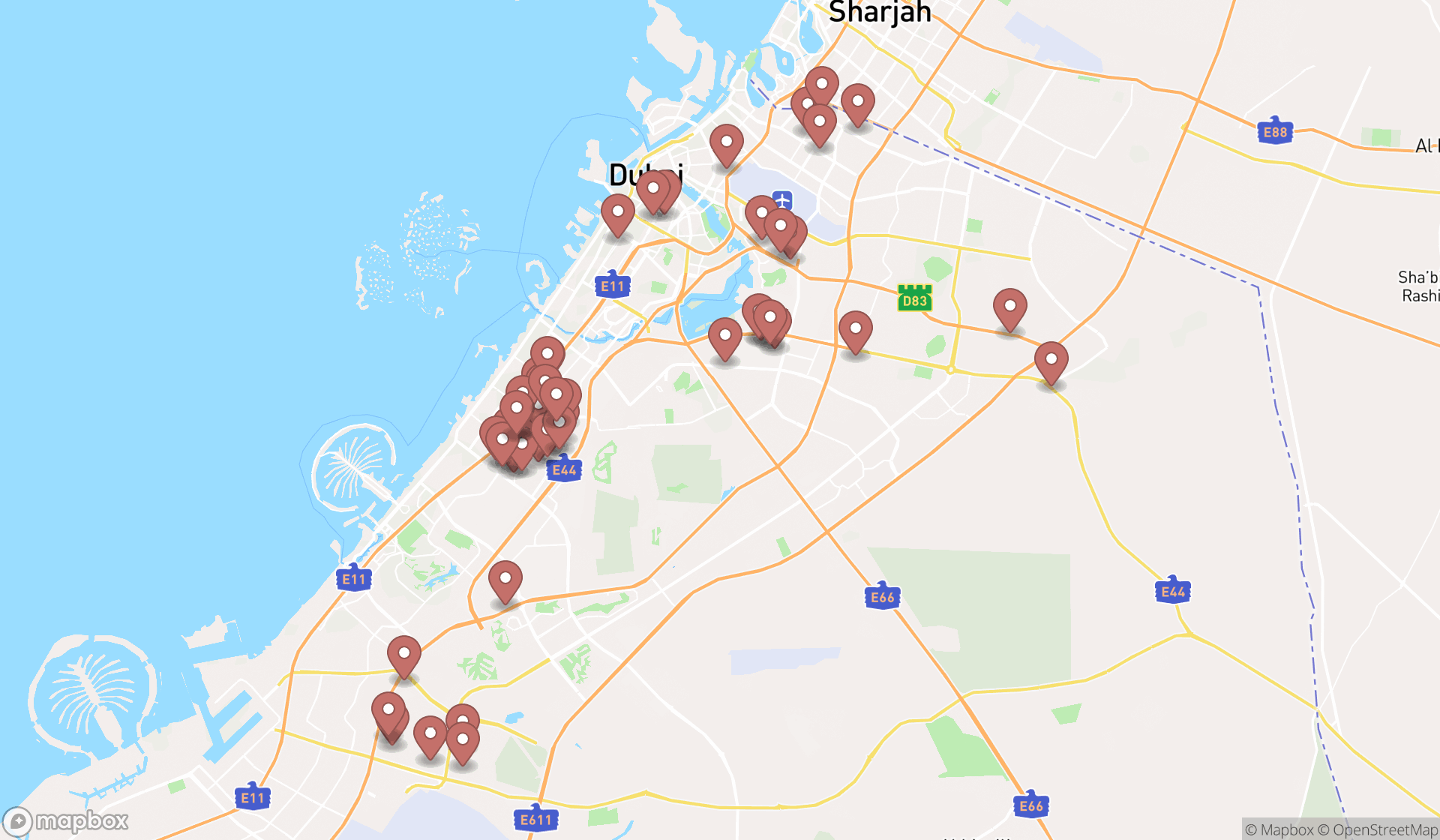 Map showing the search results in Dubai