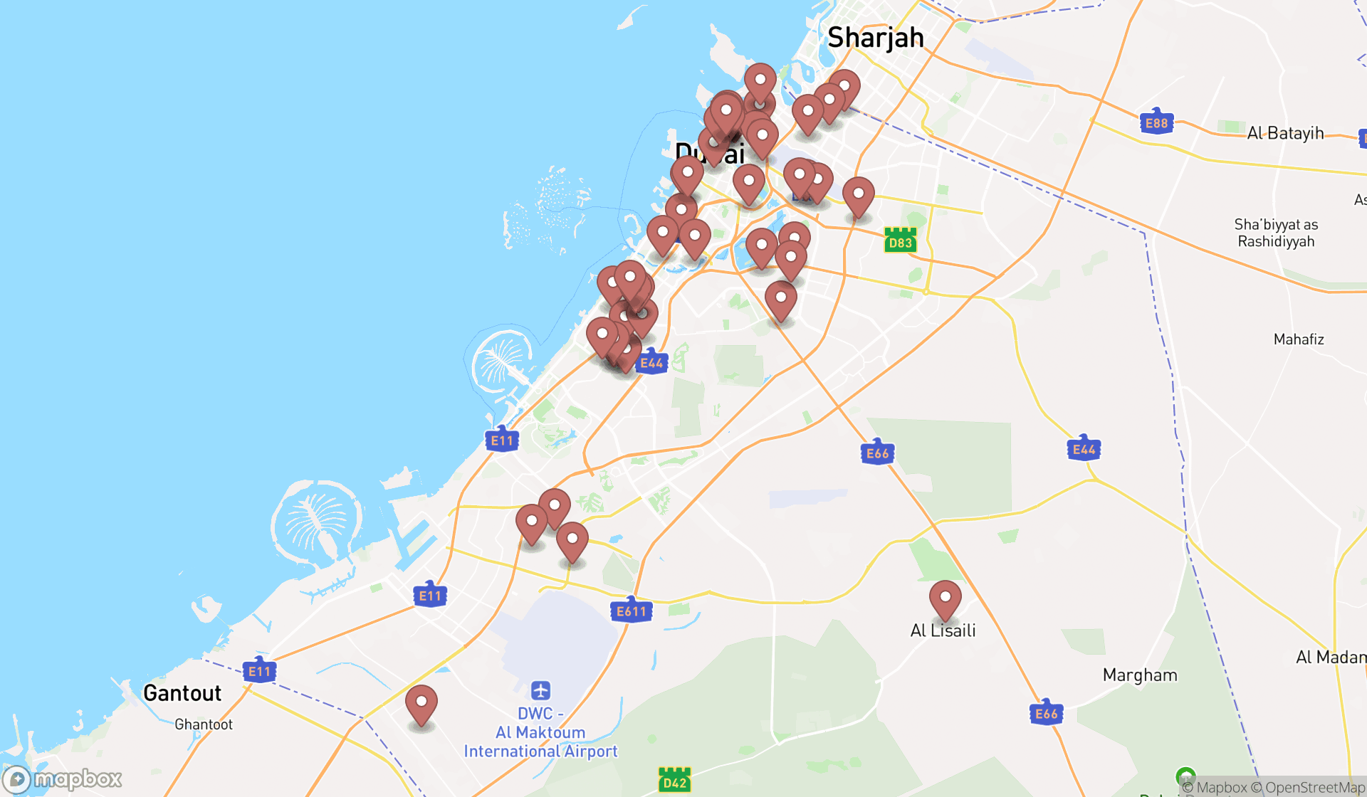 Map showing the search results in Dubai