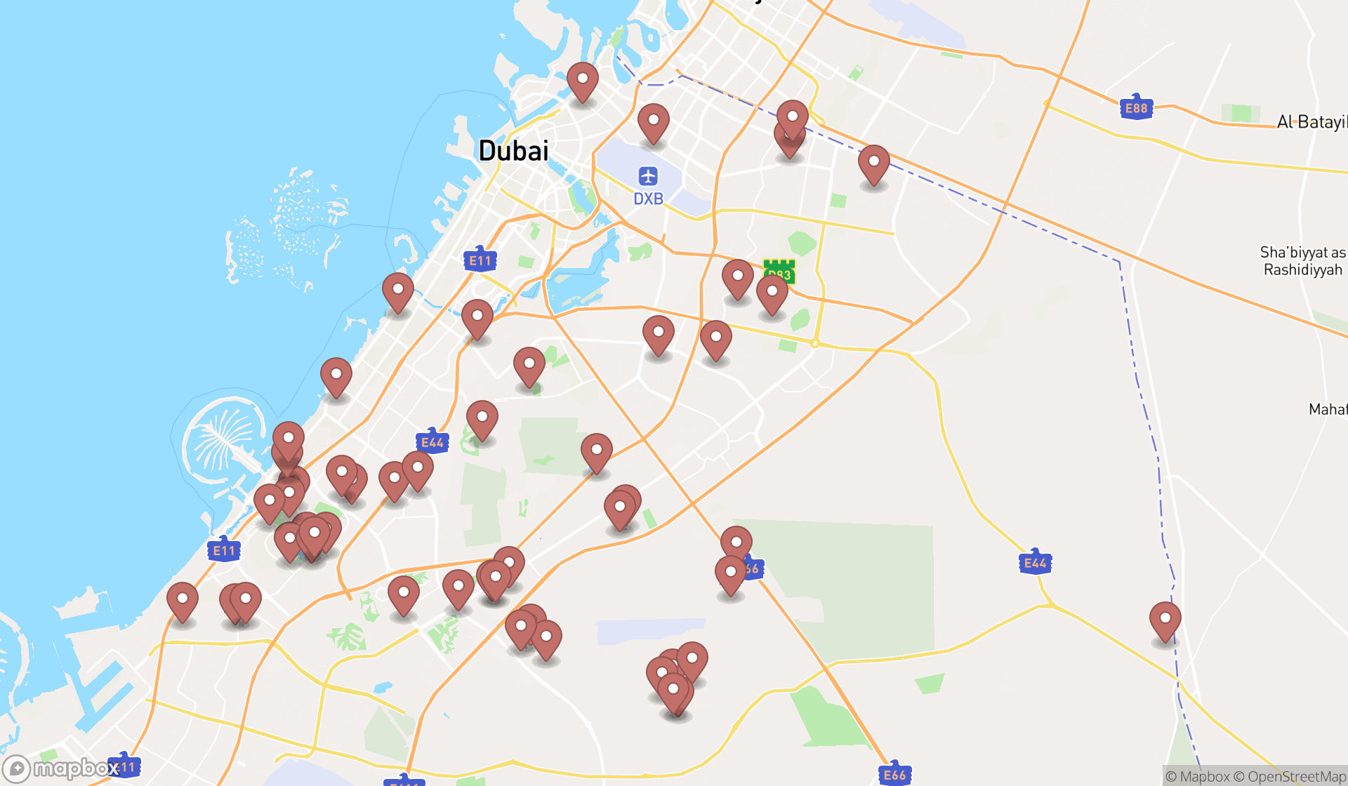 Map showing the search results in Dubai