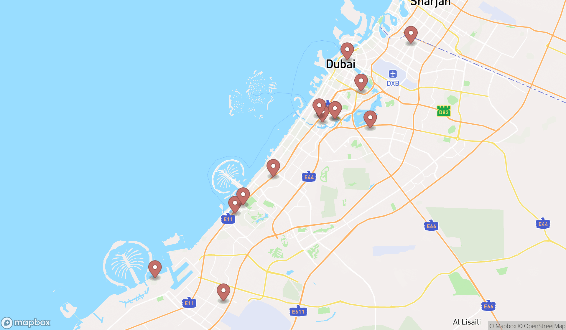 Map showing the search results in Dubai