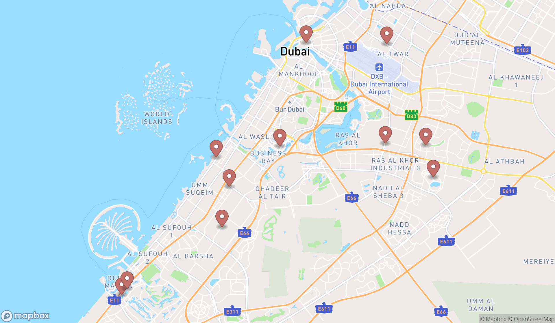 Map showing the search results in Dubai