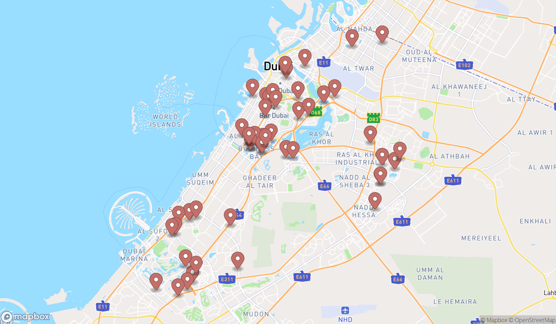 Map showing the search results in Dubai