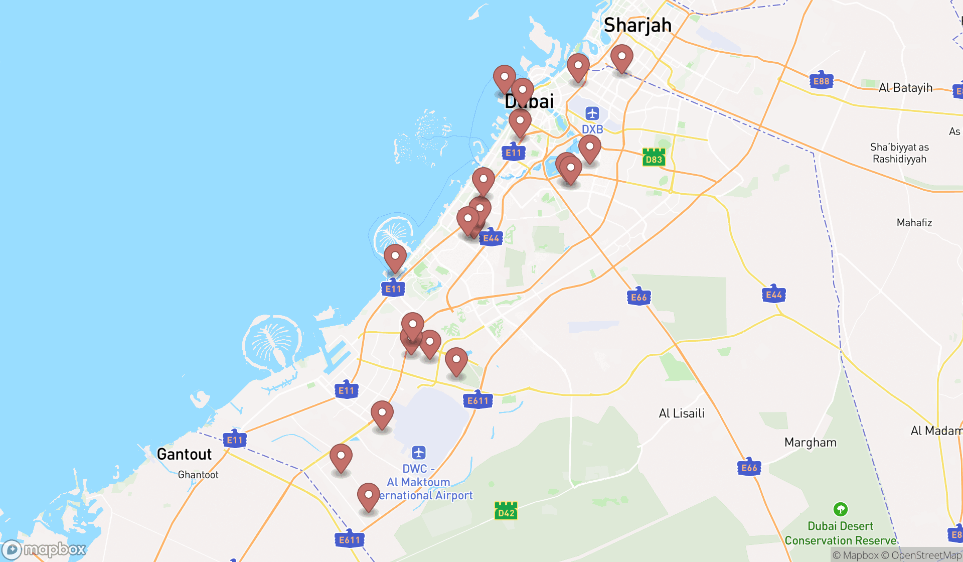 Map showing the search results in Dubai