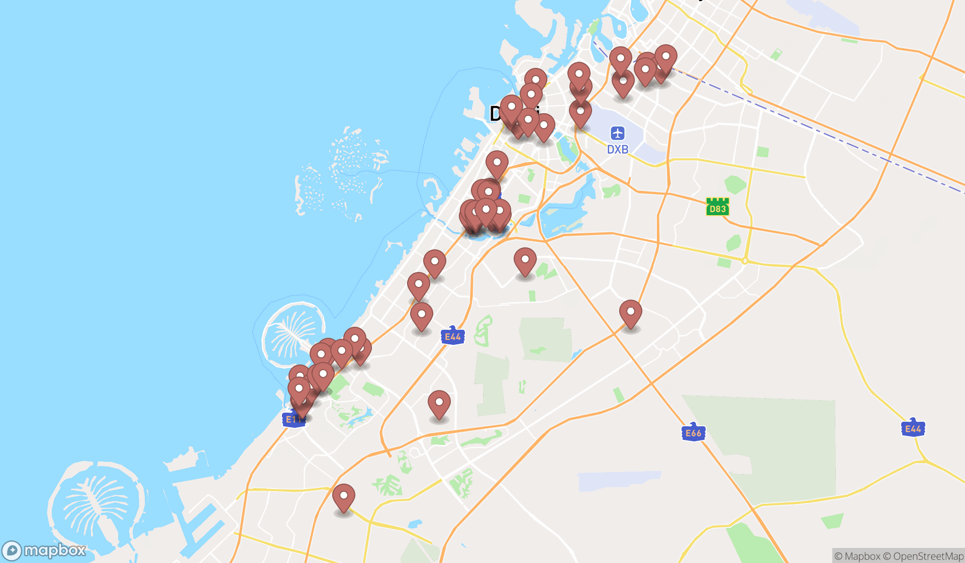 Map showing the search results in Dubai